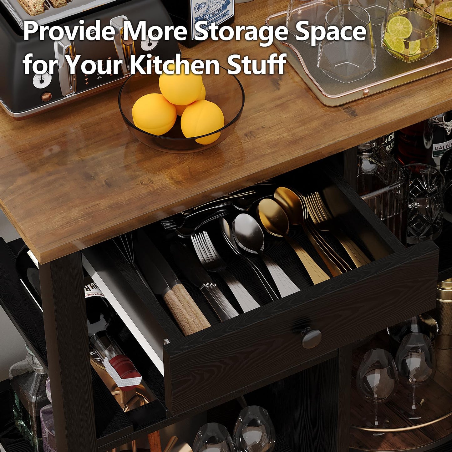 4 EVER WINNER Black Kitchen Island Cart with Storage, Farmhouse Rolling Portable Bar cart with Wine Rack,Small Islands Cart on Wheels for Kitchen