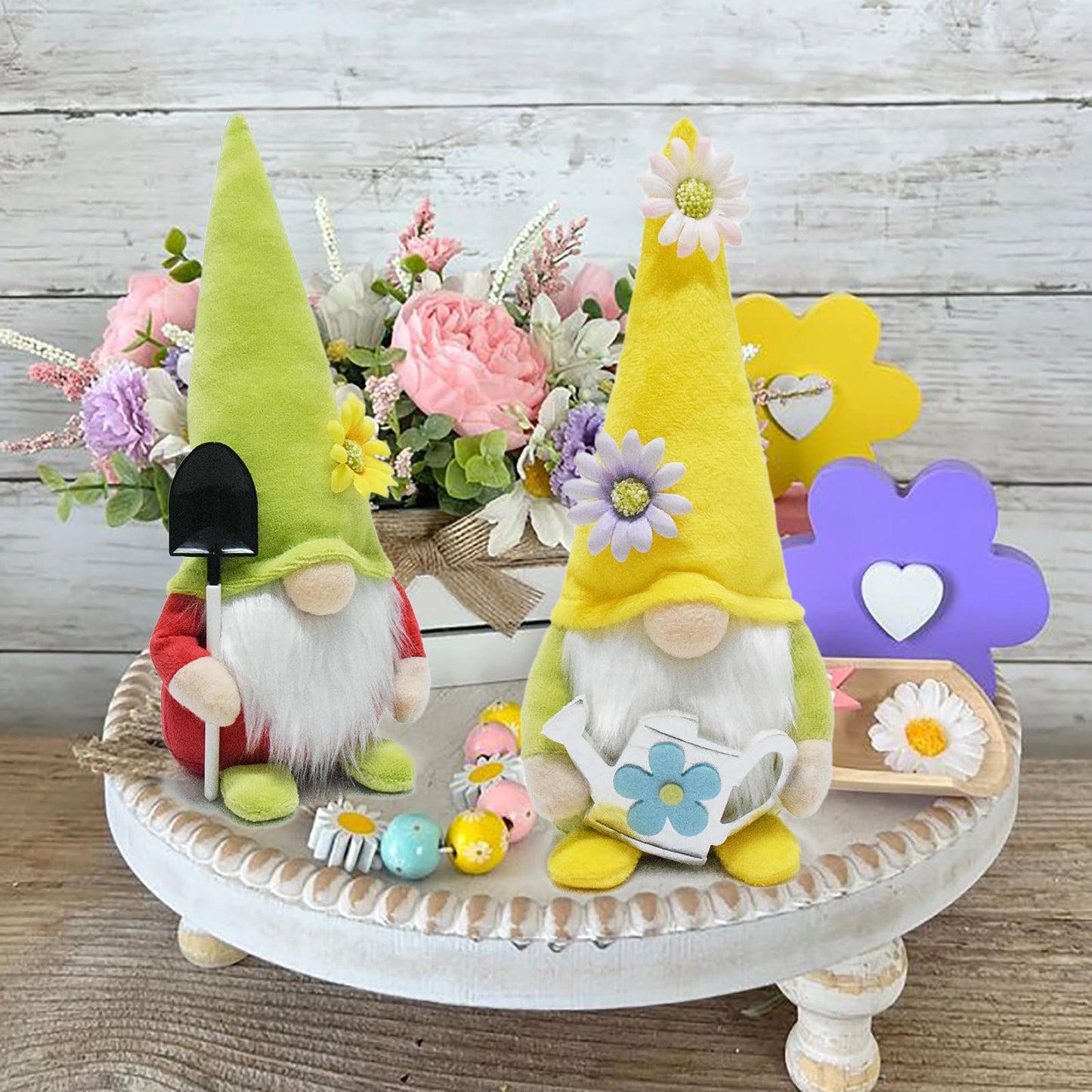 Attiigny Spring Flower Gnome Plush, Set of 3 Flower Spring Summer Gnomes Holiday Ornaments, Handmade Shelf Tiered Tray Decorations Gifts Santa Dolls for Home