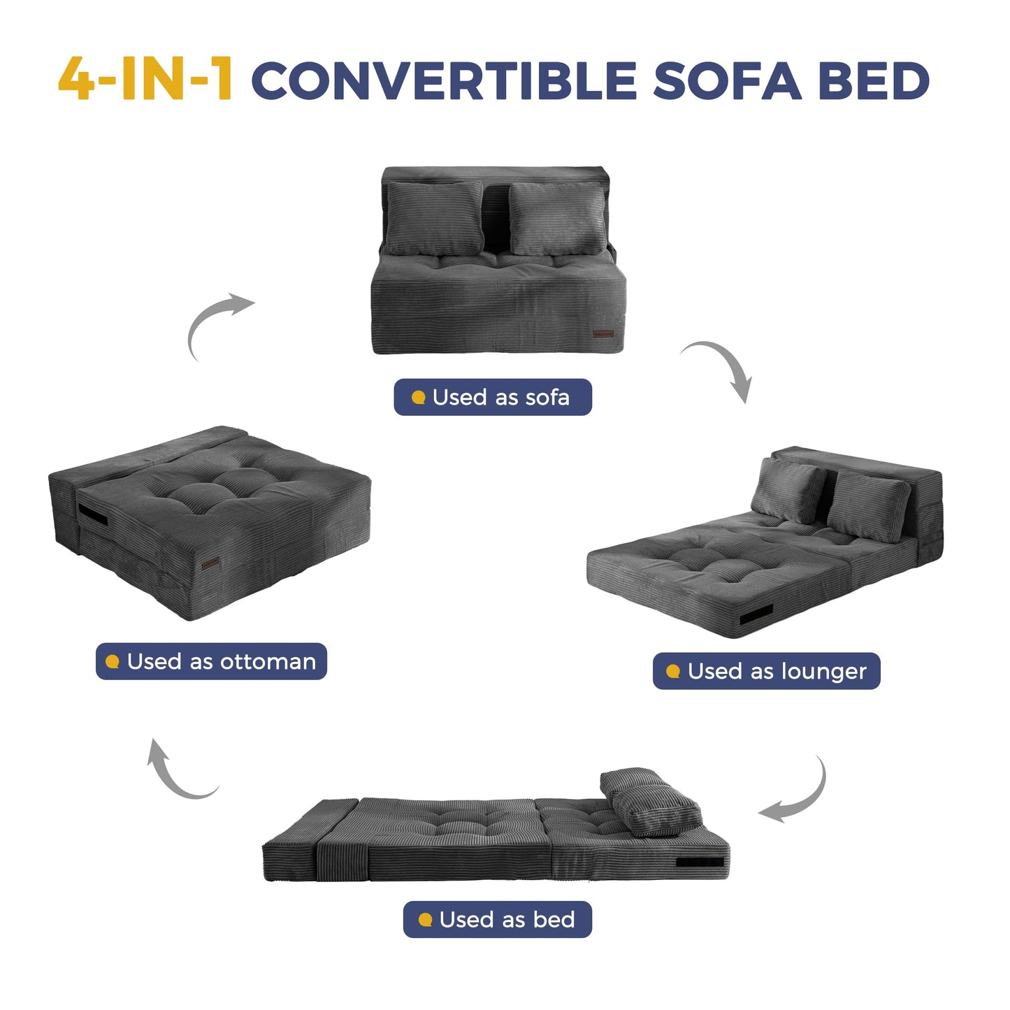 MAXYOYO Convertible Sofa Bed, Fold Out Loveseat Sleeper Sofa with Pillow, 4 in 1 Tufted Folding Couch Bed Foam Floor Couch, Lazy Chair for Living Room Bedroom Guest Room, Dark Grey