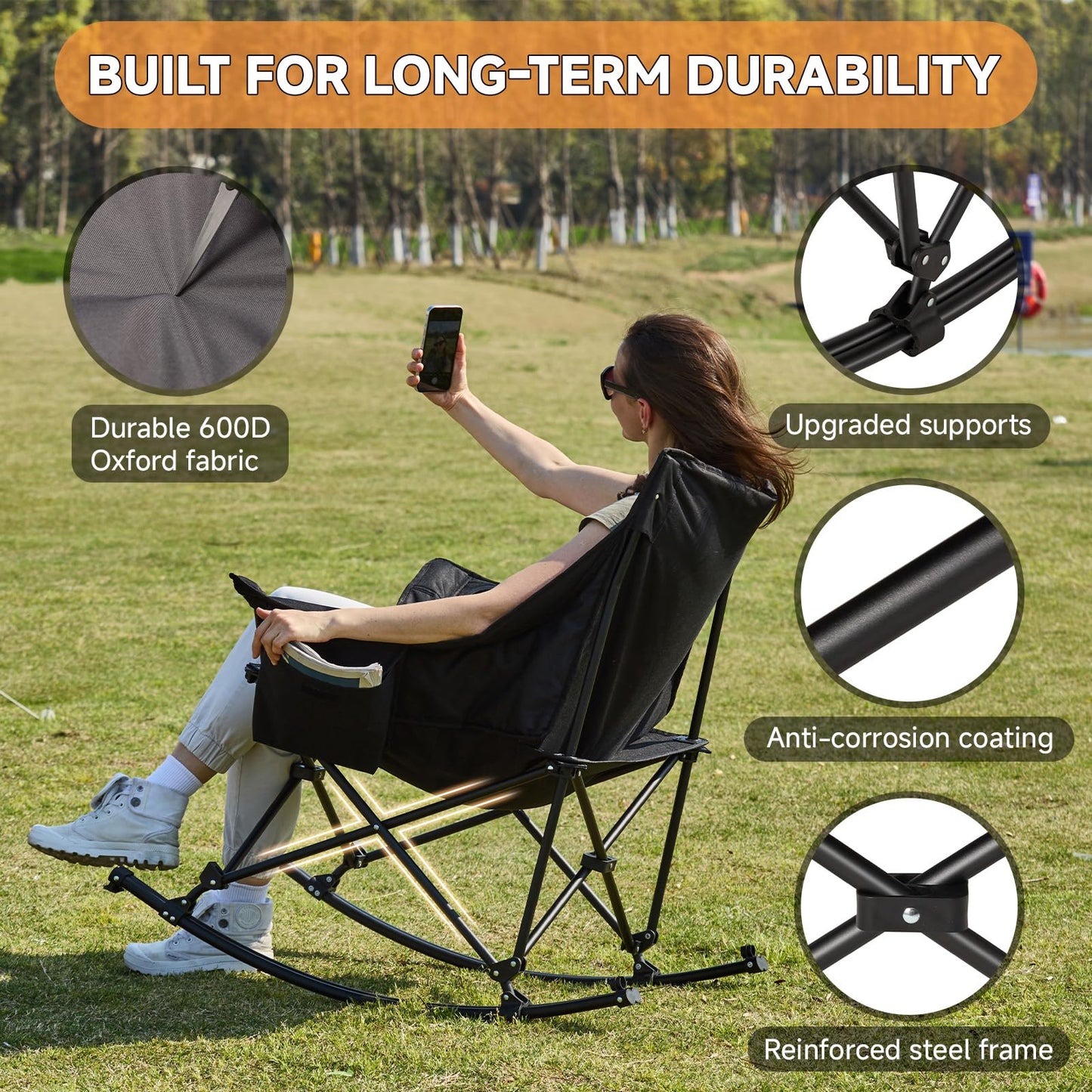 Youtanic Oversized Folding Rocking Camping Chair, Padded Portable Rocking Chair with Pockets, Cup Holder and Carry Bag, Heavy Duty Outdoor Rocker Patio Chair for Garden, Lawn, Yard, Up to 400lbs, Gray