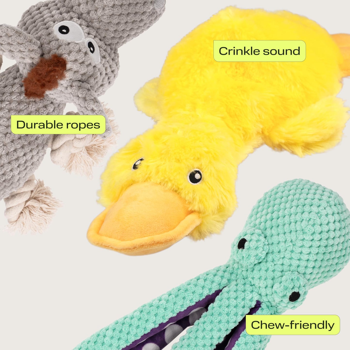 PetSpy Squeaky Stuffed Dog Toy Pack - 3 Dog Chew Toys for Large, Medium, Small Dogs and Puppies- Rope Donkey, Plush Octopus, Crinkle Duck Toy - Pet Supplies Toys for Dogs to Keep Them Busy