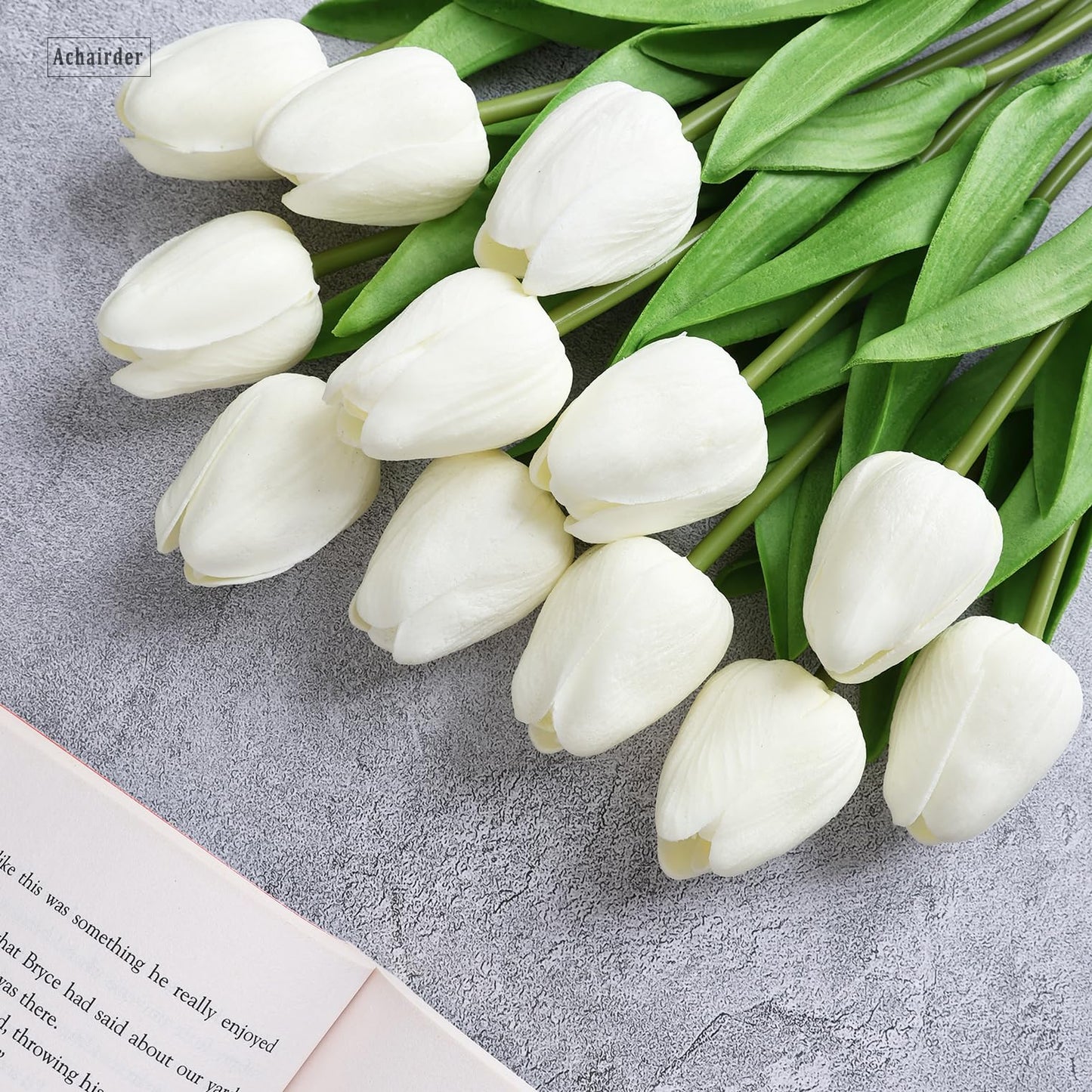 Achairder 30pcs Tulips Artificial Flowers, Artificial Latex Real Touch Tulips Flowers Bouquet for Mother's Day Easter Wedding Party Home Decor-White