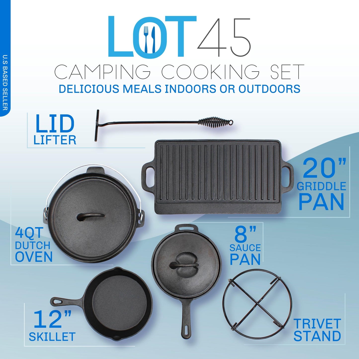 Lot45 Pre-Seasoned Dutch Oven Camping Cooking Set Cookware - Cast Iron Griddle, 4qt Dutch Oven, Griddle Pan, Frying Pan, Pre-Seasoned Cast Iron Camping Cooking Set with Storage