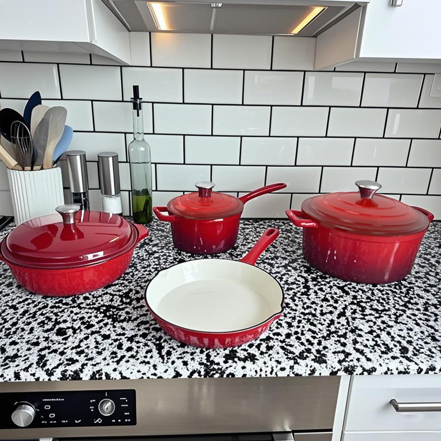 MAISON ARTS Enamel Cast Iron 7 Piece Cookware Set, Heavy Duty Dutch Ovens Pot with Lid, Red Non Stick Pots and Pans Sets, Oven Safe up to 500°F