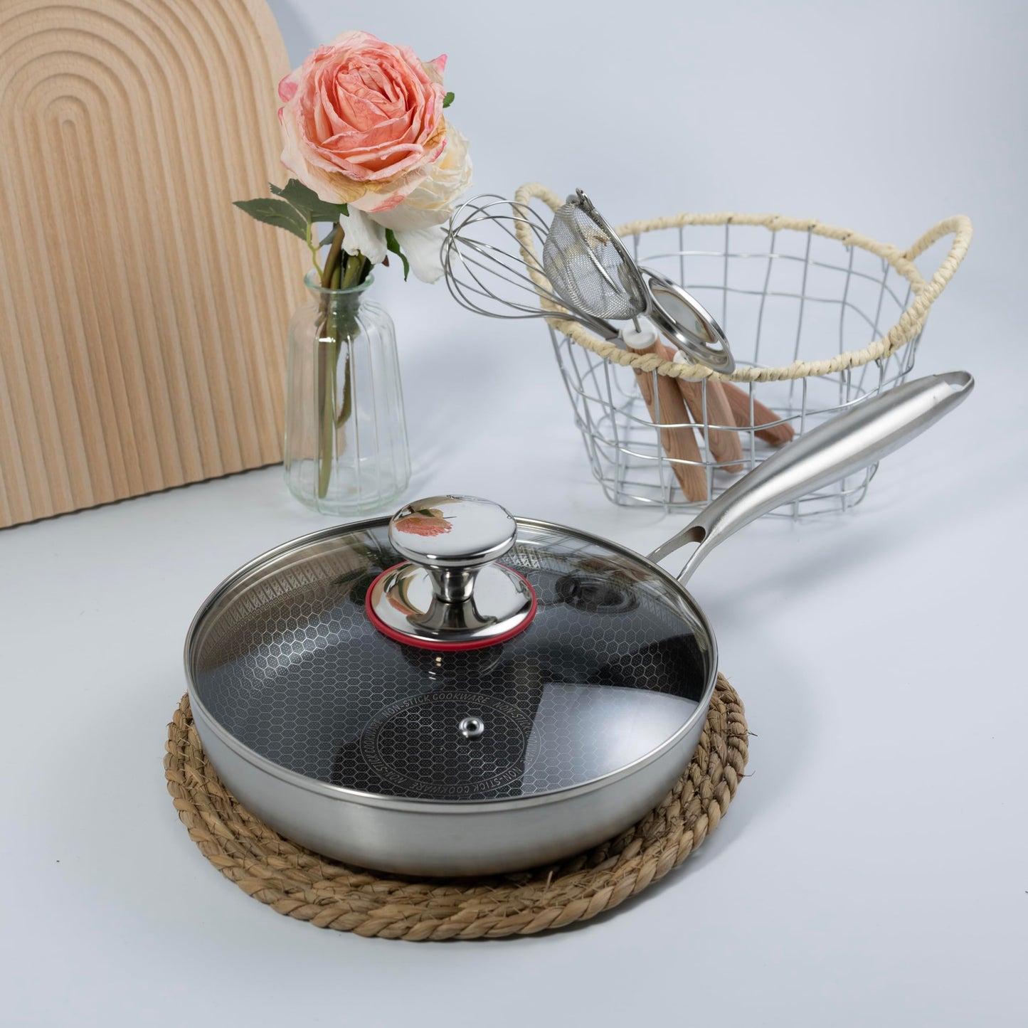 Yikinip 8-inch stainless steel frying pan with lid, hybrid non-stick skillet for induction, small fry pan induction compatible, non-toxic chef's pan, pfoa-free cookware