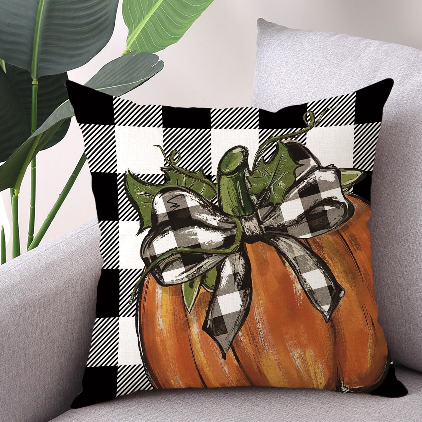 Gujiahone Fall Throw Pillow Covers 18 x 18 Inch Set of 4 Buffalo Check Plaid Pumpkin and Truck Thankful Blessed Fall Thanksgiving Decorative Cushion Cases for Sofa Couch Bed