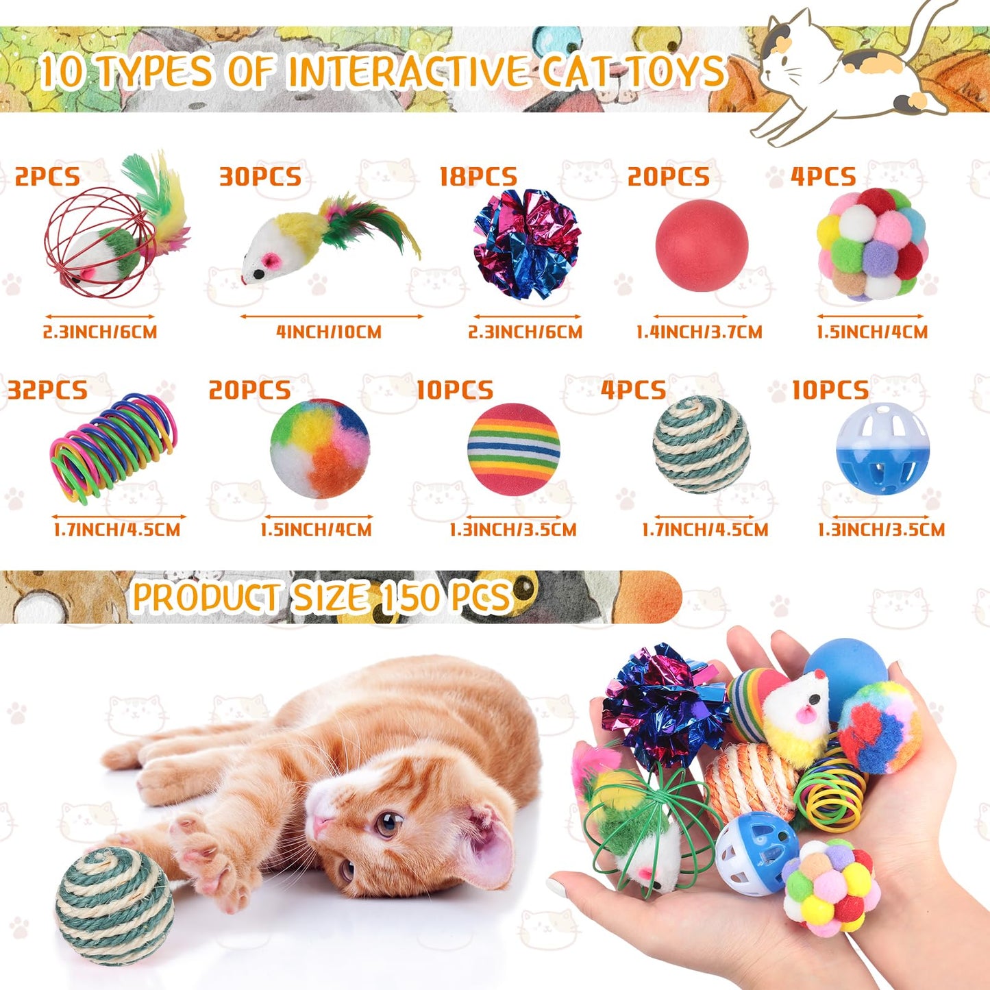 Shappy 150 Pcs Cat Toys Bulk Kitten Toys Pack Variety Funny Interactive Gift Including Mice Rainbow Balls Spring Crinkle Balls for Indoor Cat Kitty Kitten(Classic)