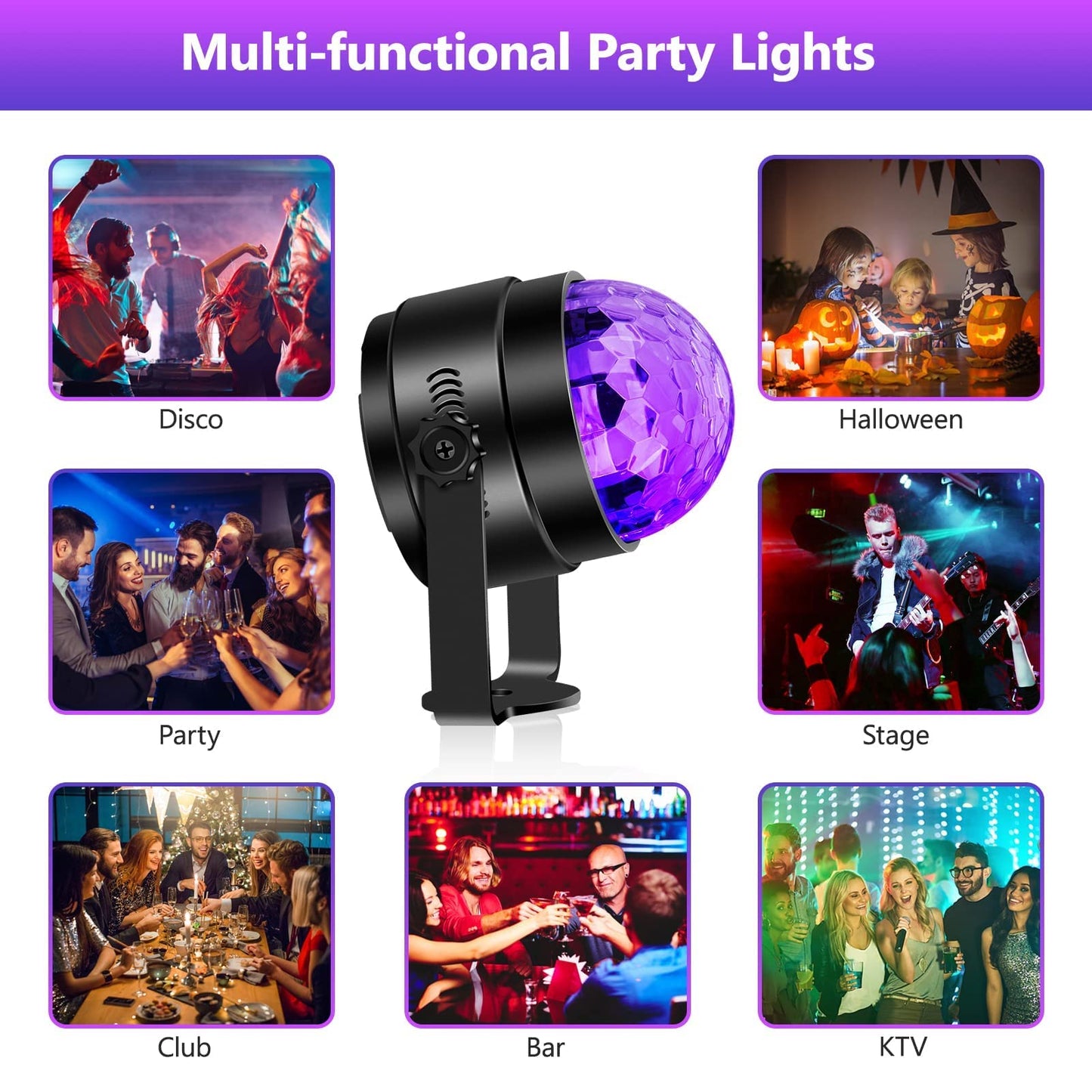 Litake UV Black Lights for Glow Party, 6W LED Disco Ball Strobe Lights for Dark Party Supplies, Sound Activated with Remote Control, Dj Light for Halloween Xmas Birthday Party Home Decorations, 1 Pack