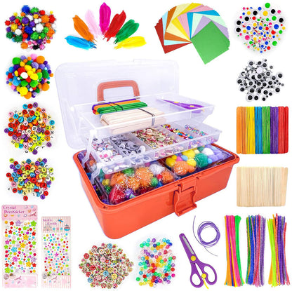 1405 Pcs Art and Craft Supplies for Kids, Toddler DIY Craft Art Supply Set Included Pipe Cleaners, Pom Poms, Feather, Folding Storage Box - All in One for Craft DIY Art Supplies, Rose Red