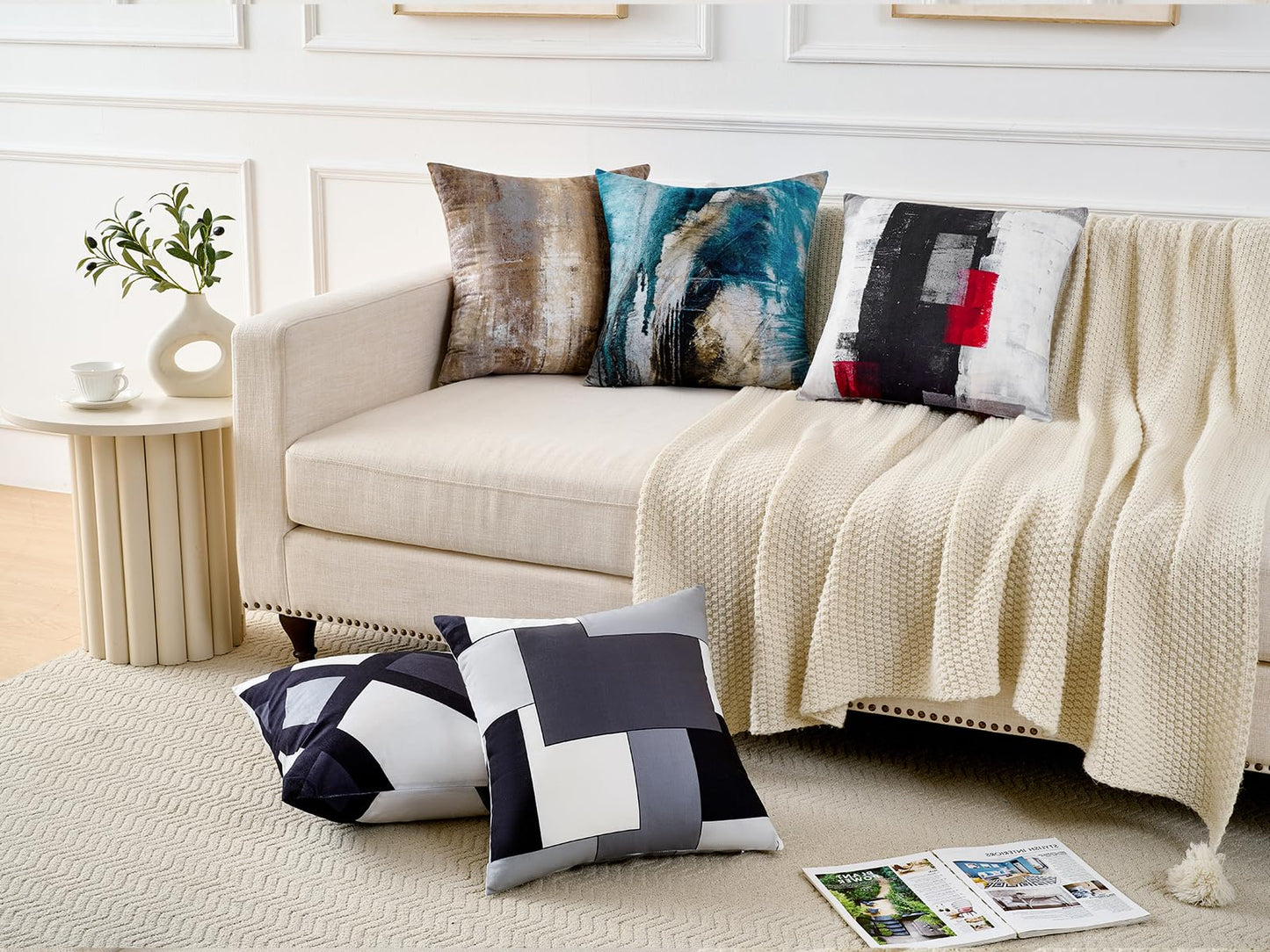 Alricc Decorative Abstract Art Throw Pillow Covers 18x18 (Set of 2) - Modern Oil Painting Textured for Couch, Living Room, Bed - Dark Brown Contemporary Design