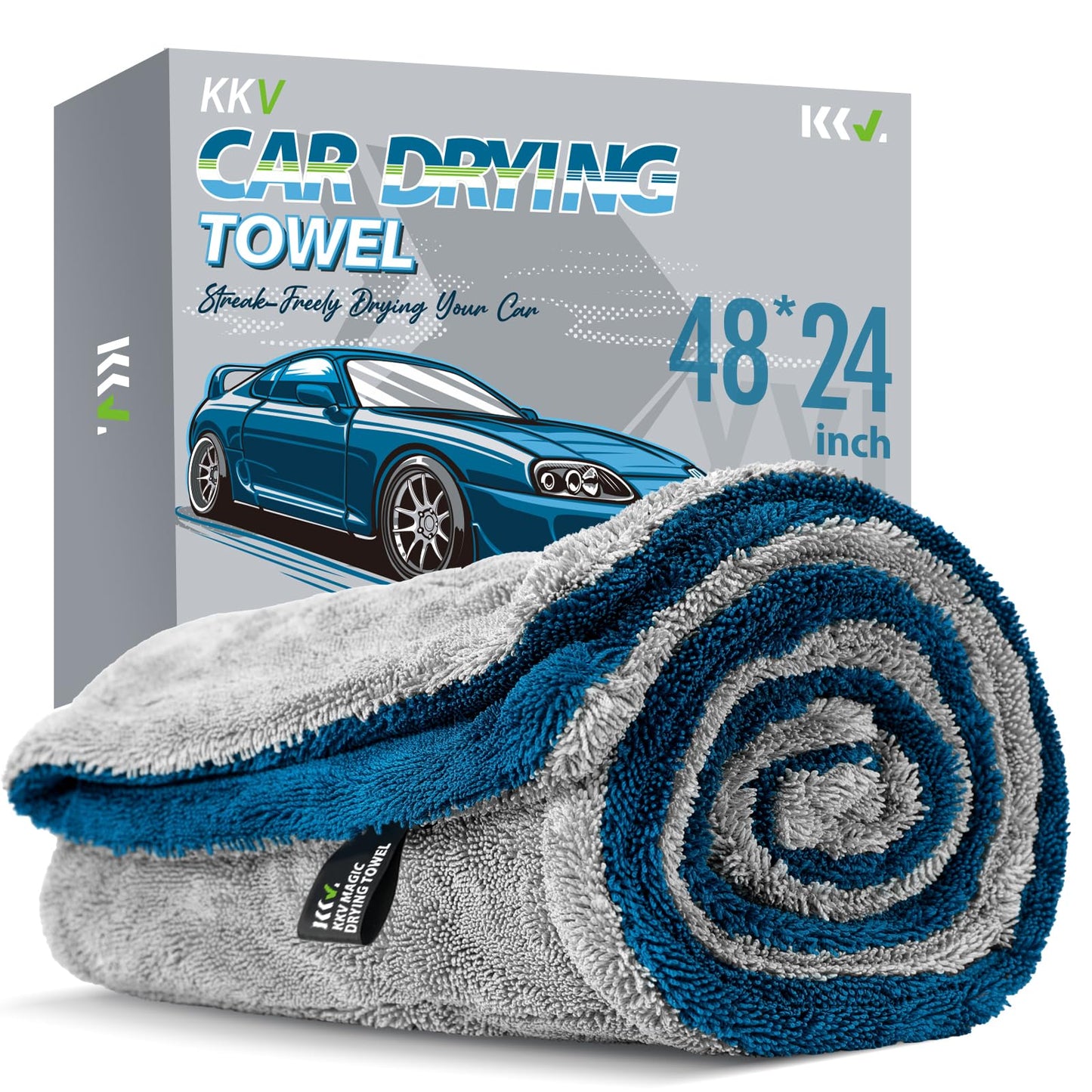 KKV Full-Sized SUV Drying Towel, 48”x24” Dual Sided Microfiber Car Cleaning Towel with Twisting Yarn Technique, 1400GSM Super Absorbent, Scratch-Free, Machine Washable (LightGrey-MarineBlue)