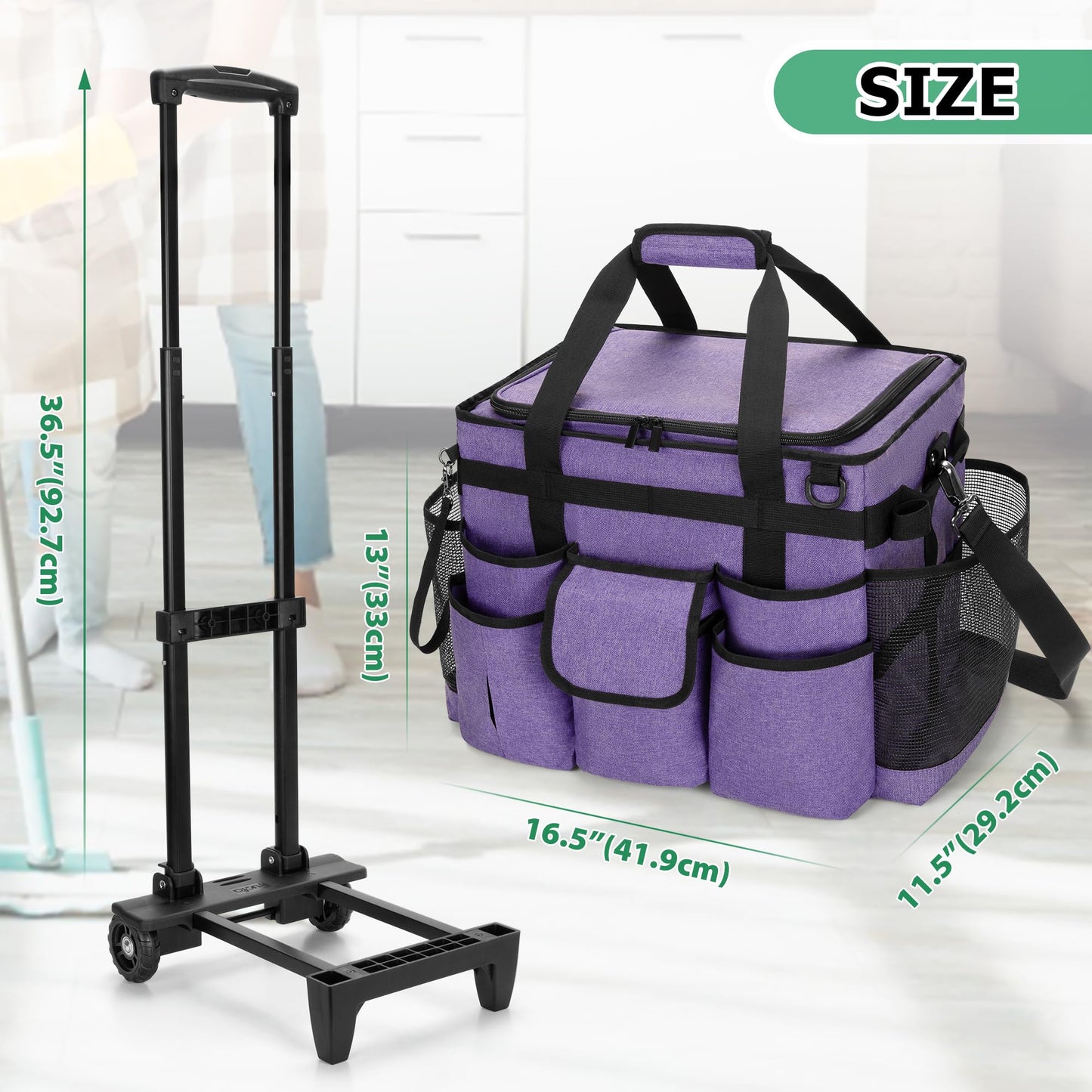LoDrid Rolling Cleaning Caddy with Lid, Cleaning Supplies Organizer with Detachable Trolley, Cleaning Caddy Cart on Wheels with Handle and Shoulder Strap for Housekeepers, Purple, Bag Only