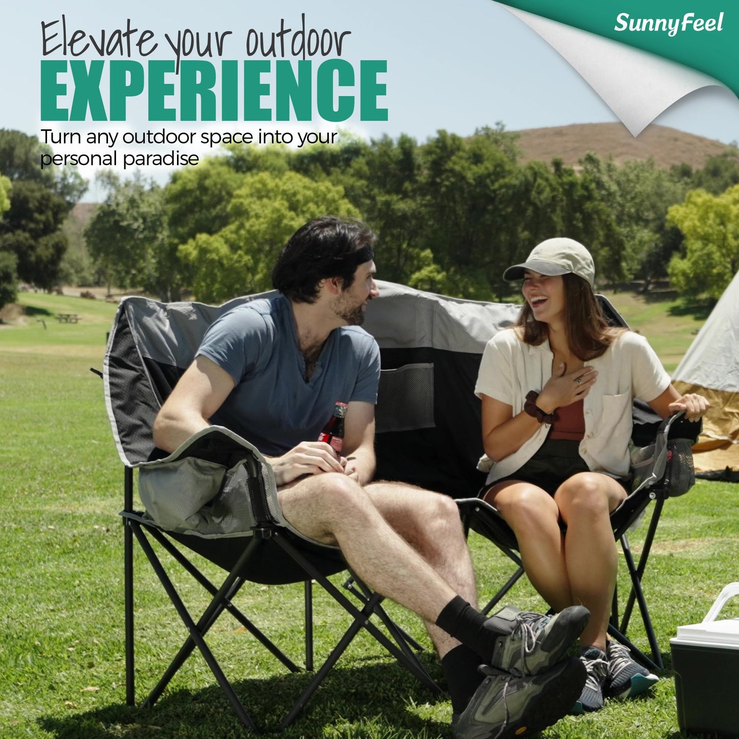 SUNNYFEEL Double Camping Chair, Portable Folding Loveseat with Cup Holders, Heavy Duty Steel Frame, Gray