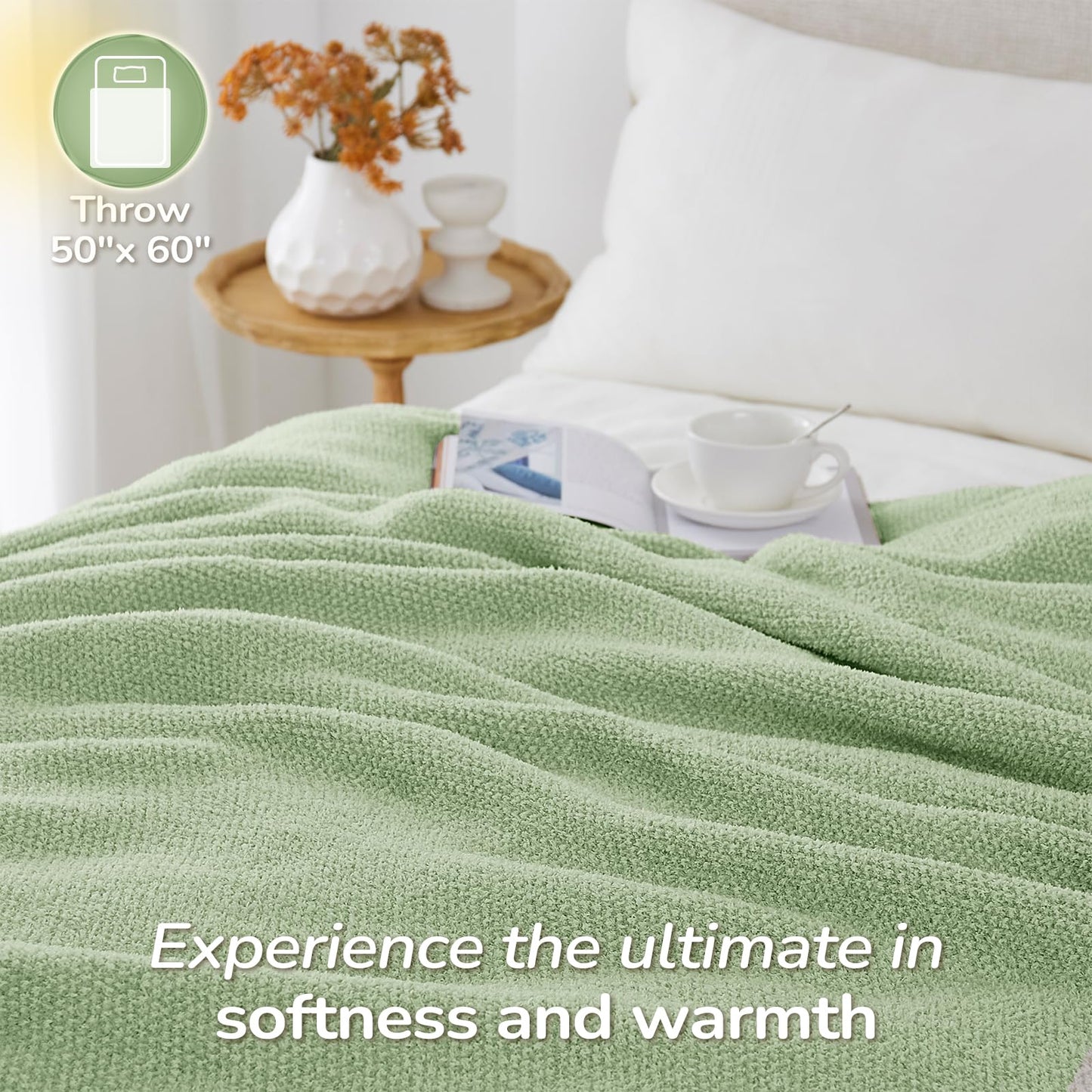 Basic Beyond Heather Green Throw Blanket for Couch, Super Soft Fluffy Blanket, Cozy Fuzzy Throw Blankets for Bed, Sofa, Chair, 50x60