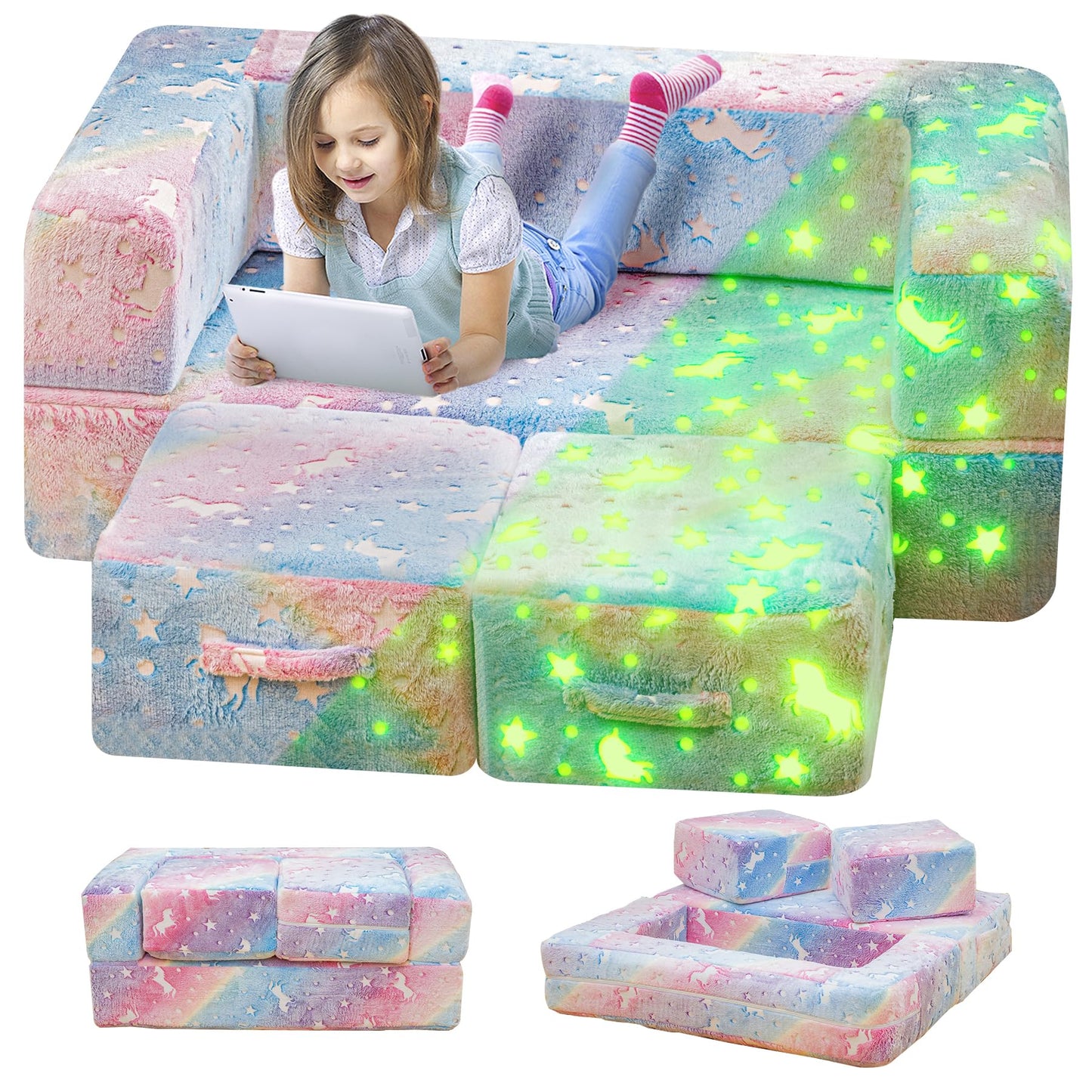 furlinkhm Modular Kids Play Couch, Glow in The Dark Kids Play Couch Toddler Couch,Kids Couch for palyroom, Convertible Baby Fold Out Play Foam and Floor Cushion for Bedroom (Rainbow+Unicorn)