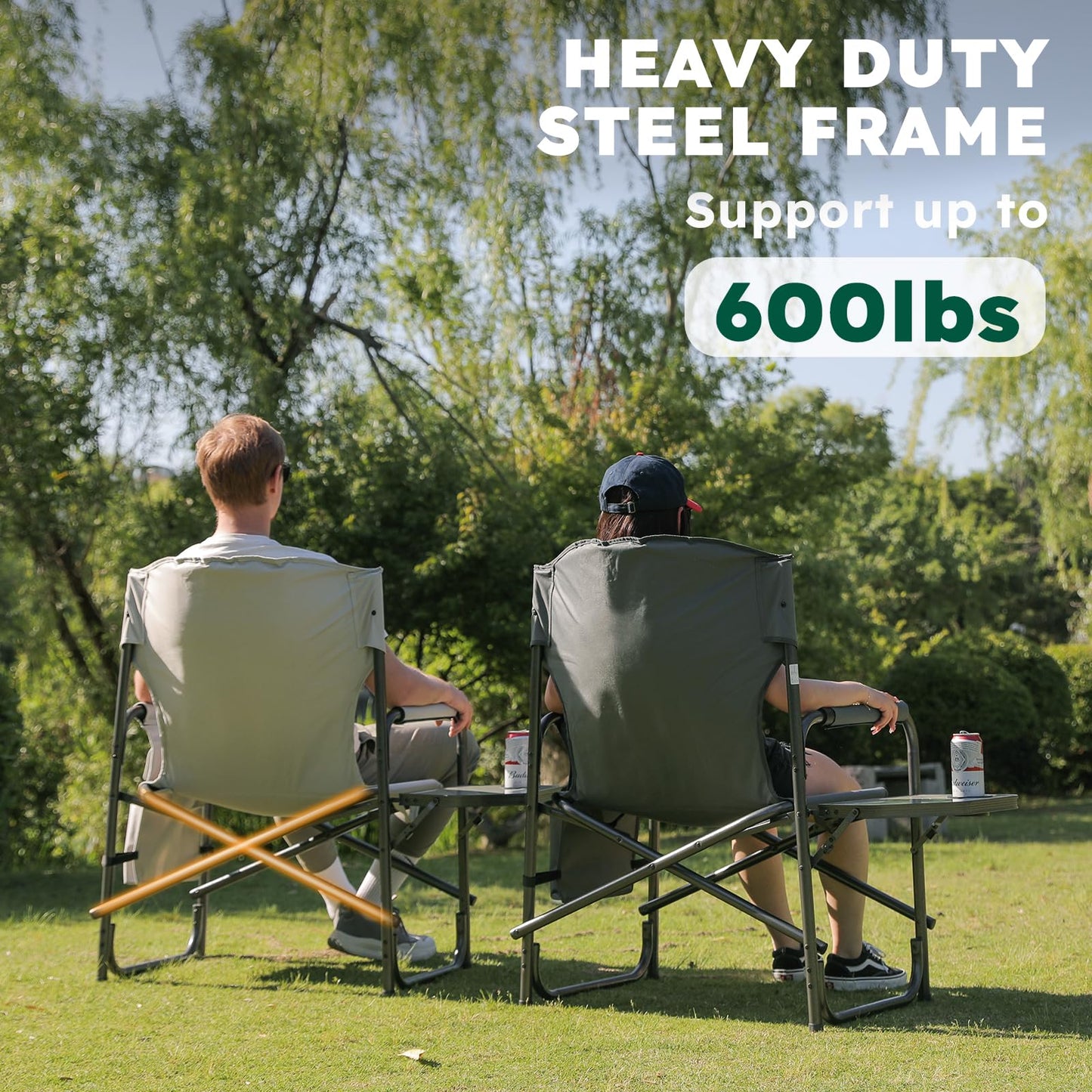 Colegence Oversized Directors Camping Chair Set of 2 Support 600 LBS, Heavy Duty Folding Outdoor Chairs with Detachable Side Pocket and Adjustable Side Table for Outside Beach,Lawn,Fishing (Black)