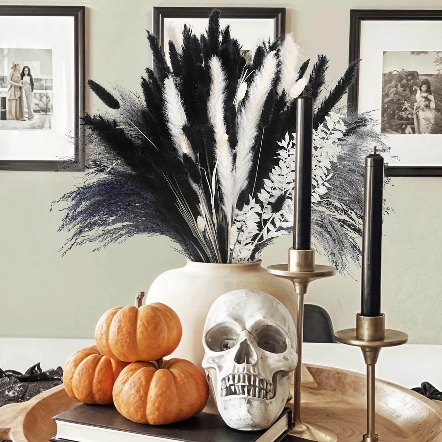 102PCS Black Pampas Grass Decor, Grey White Natural Dried Pampas Grass Bulk, Boho Home Decor Bouquet, Black and White Dried Flowers Decor, Halloween Wedding Floral Arrangements Vases Decorations