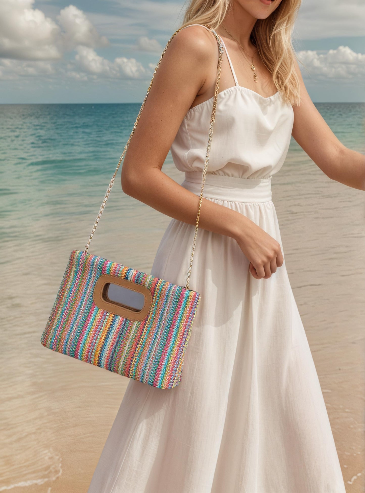 ChiHaul Chic Handbags for Women、Summer Clutch Purse with Handle、Woven Bags Suitable for Party and Beach(Rainbow)