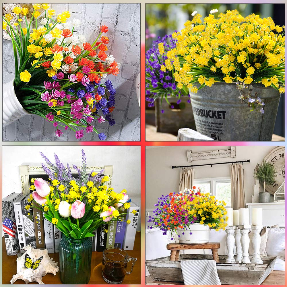Grunyia Artificial Flowers, 20 Bundles Outdoor Fake Flowers for Decoration UV Resistant Faux Plastic Plants Garden Porch Window Box Décor (Yellow)