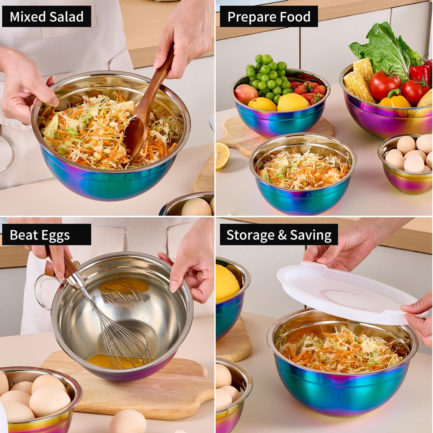 LKTDYMEG Rainbow Mixing Bowls with Lids Set of 7, Stainless Steel Nesting Bowl with Khaki Lid for Non-slip Mixing Prepping Storing Serving, 7 Sizes-7/3.6/2.7/2.1/1.5/1/0.8 QT