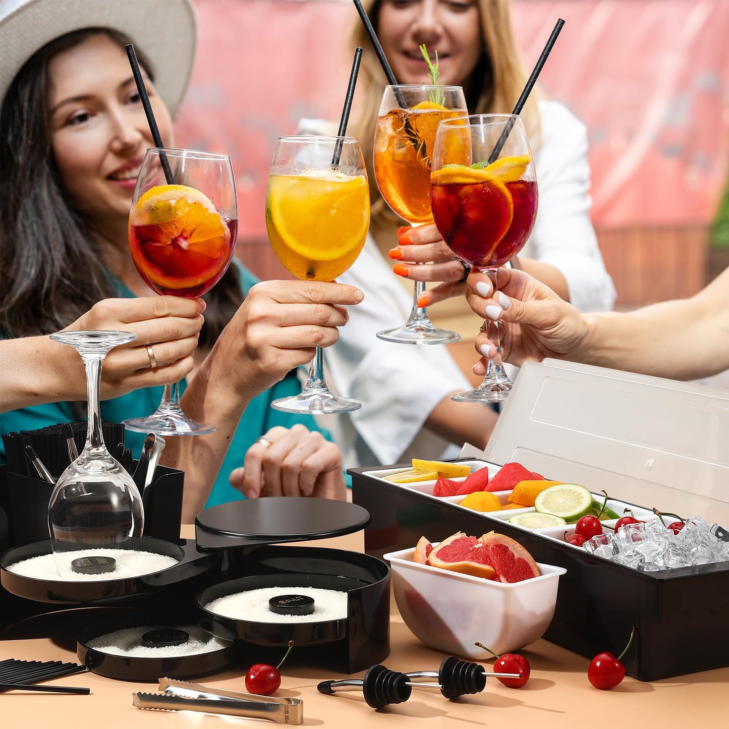 Bartending Supplies - 18" x 12" Bar Mat Garnish Tray with Lid Bar Caddy 3 Tier Bar Glass Rimmer, 2 Plastic Juice Pour Bottles 3 Mini Tongs 12 Classic Liquor Bottle Pourers 500 Cocktail Straws(Clear)