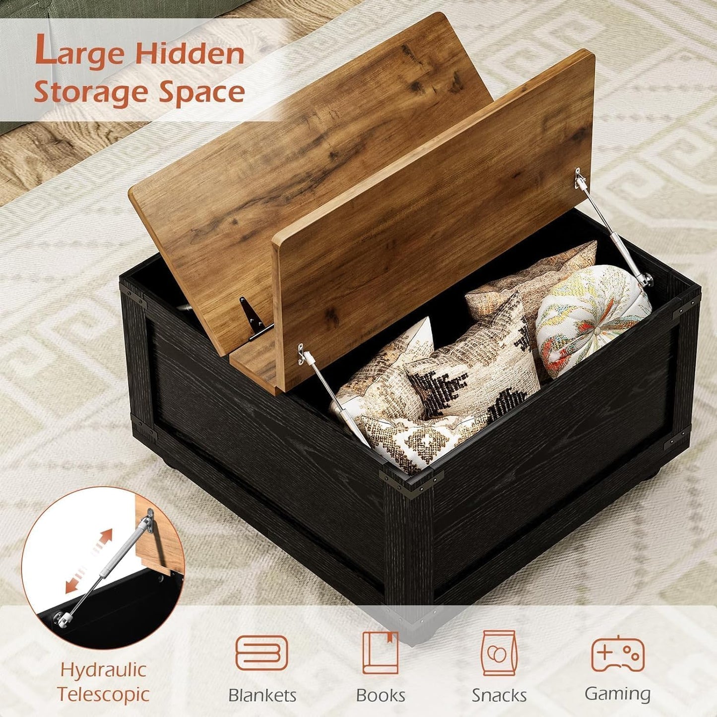 MaverickFurni Farmhouse Coffee Table with Storage, Black Lift Coffee Tables for Living Room, Square Coffee Table with Wood Gourd Feet and Hydraulic Gas Rod, Black