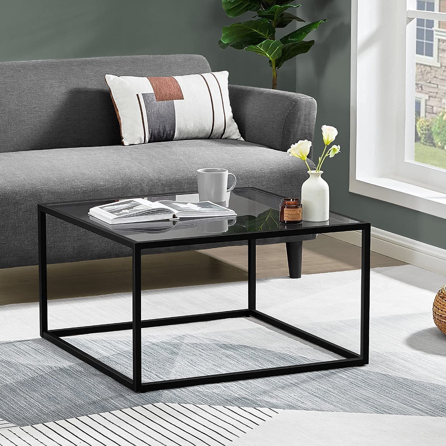 SAYGOER Glass Coffee Table, Small Modern Coffee Table Square Simple Center Tables for Living Room 26.7 x 26.7 x 17.7 Inches, Gray Black