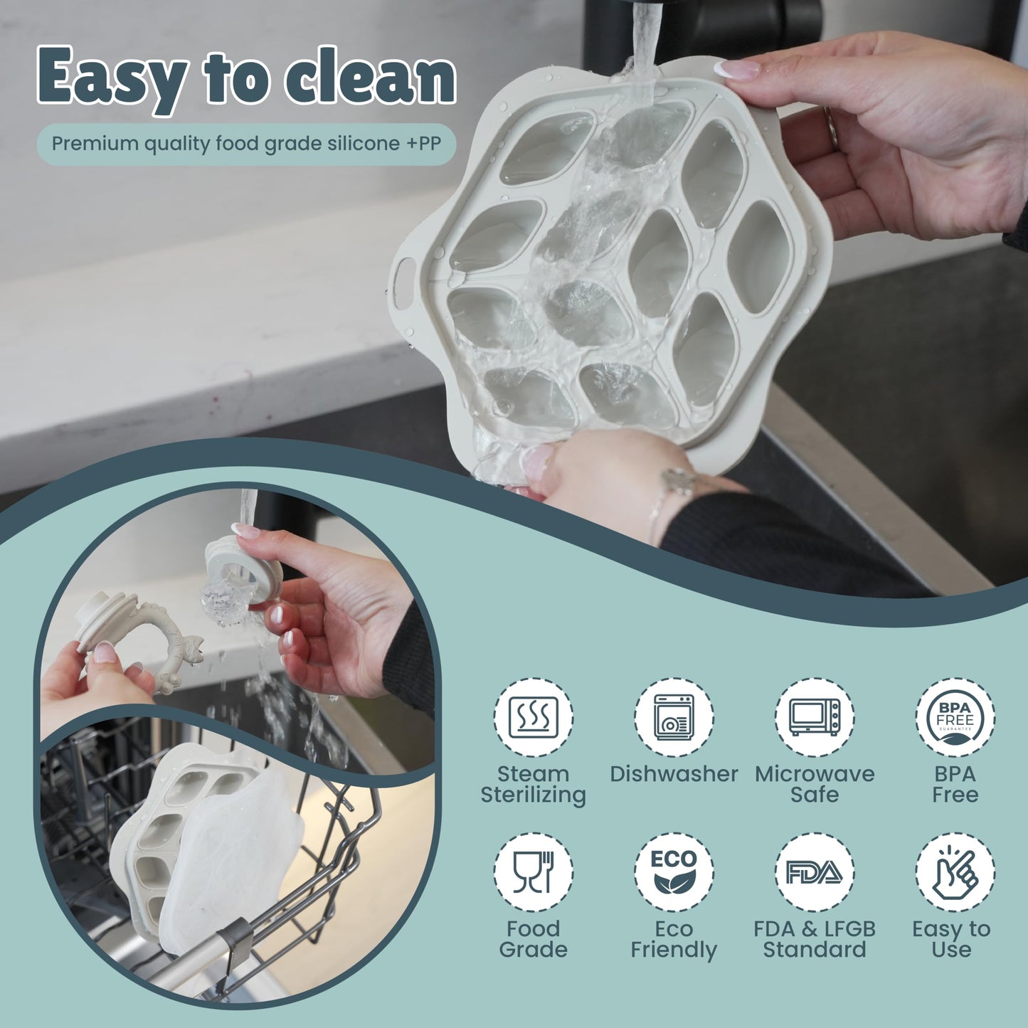 Baby Fruit Food Feeder, Bib, and Breastmilk Popsicle Molds for Teething Relief - 3 Pack Set with Multi-Portion Freezer Tray & Lid, Adjustable Spill-Resistant Bib, and 3 Pacifier Sizes (Beige)