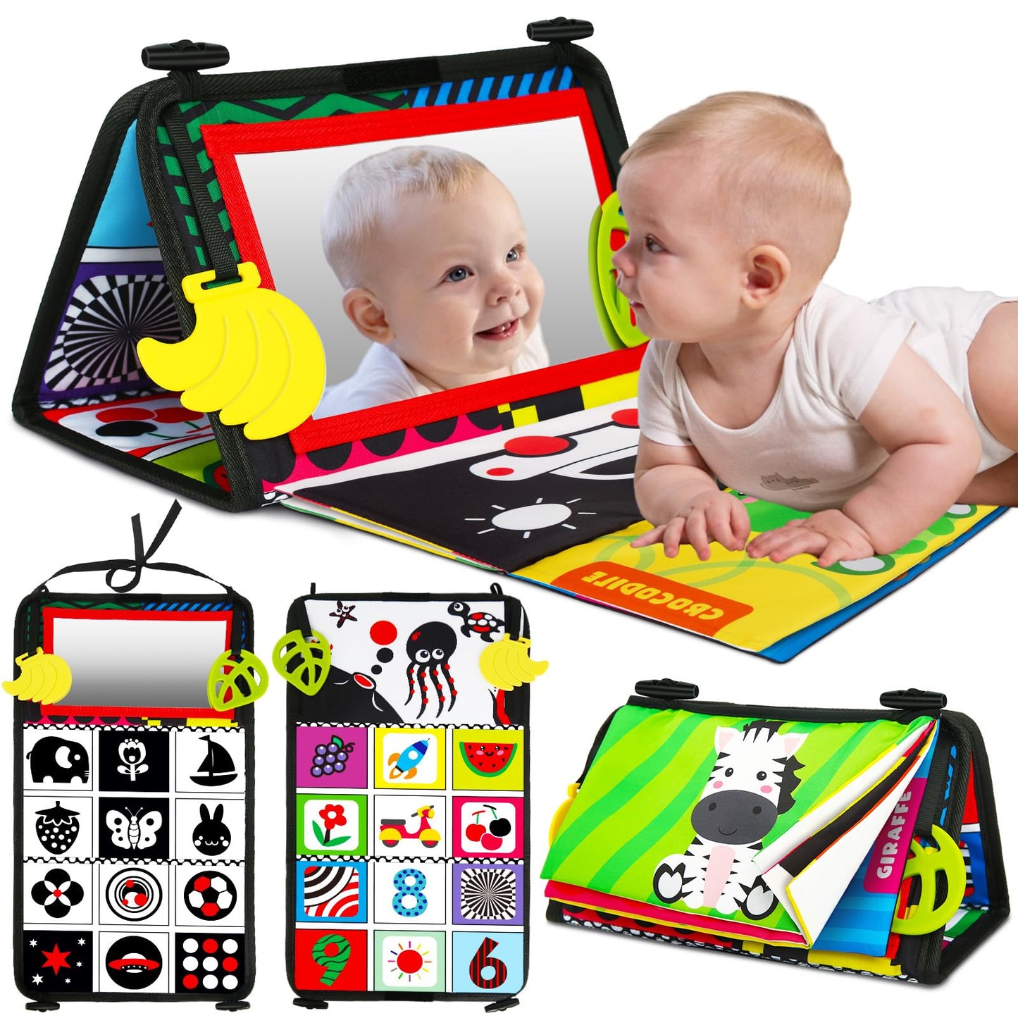 Buauty Baby Tummy Time Mirror, Newborn Infant Toys 0 3 6 12 Months with Sensory High Contrast Crinkle Books and Teethers, Baby Tummy Time Sensory Toys for 0-6 Months Old Boy Brain Development