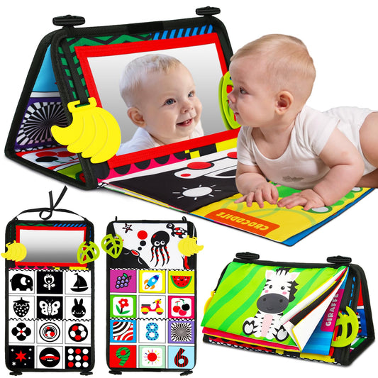 Buauty Baby Tummy Time Mirror, Newborn Infant Toys 0 3 6 12 Months with Sensory High Contrast Crinkle Books and Teethers, Baby Tummy Time Sensory Toys for 0-6 Months Old Boy Brain Development