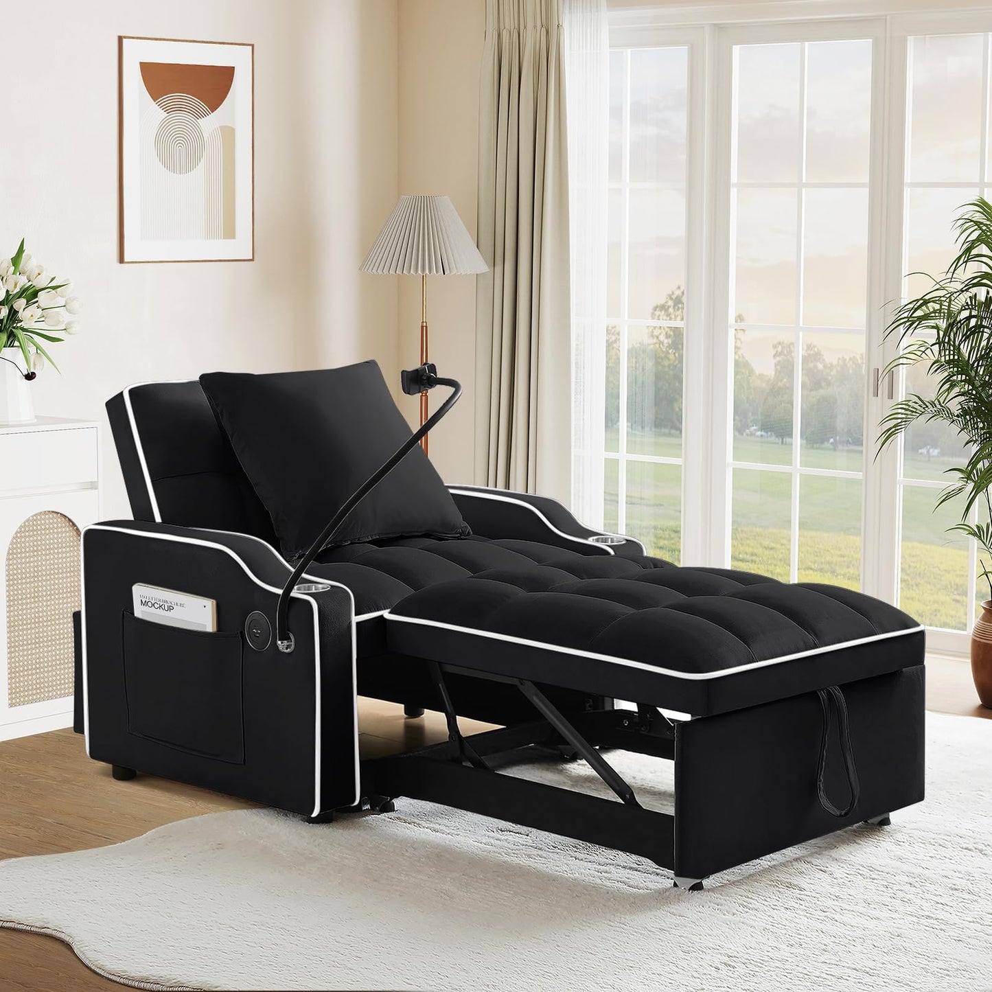 Convertible Sleeper Chair Sofa Bed,3 in 1 Velvet Tufted Pull Out Couch with Swivel Phone Holder & USB Ports,Futon Small Couch Bed w Cup Holders & Adjustable Backrest for Living Room,Small Place(Black)