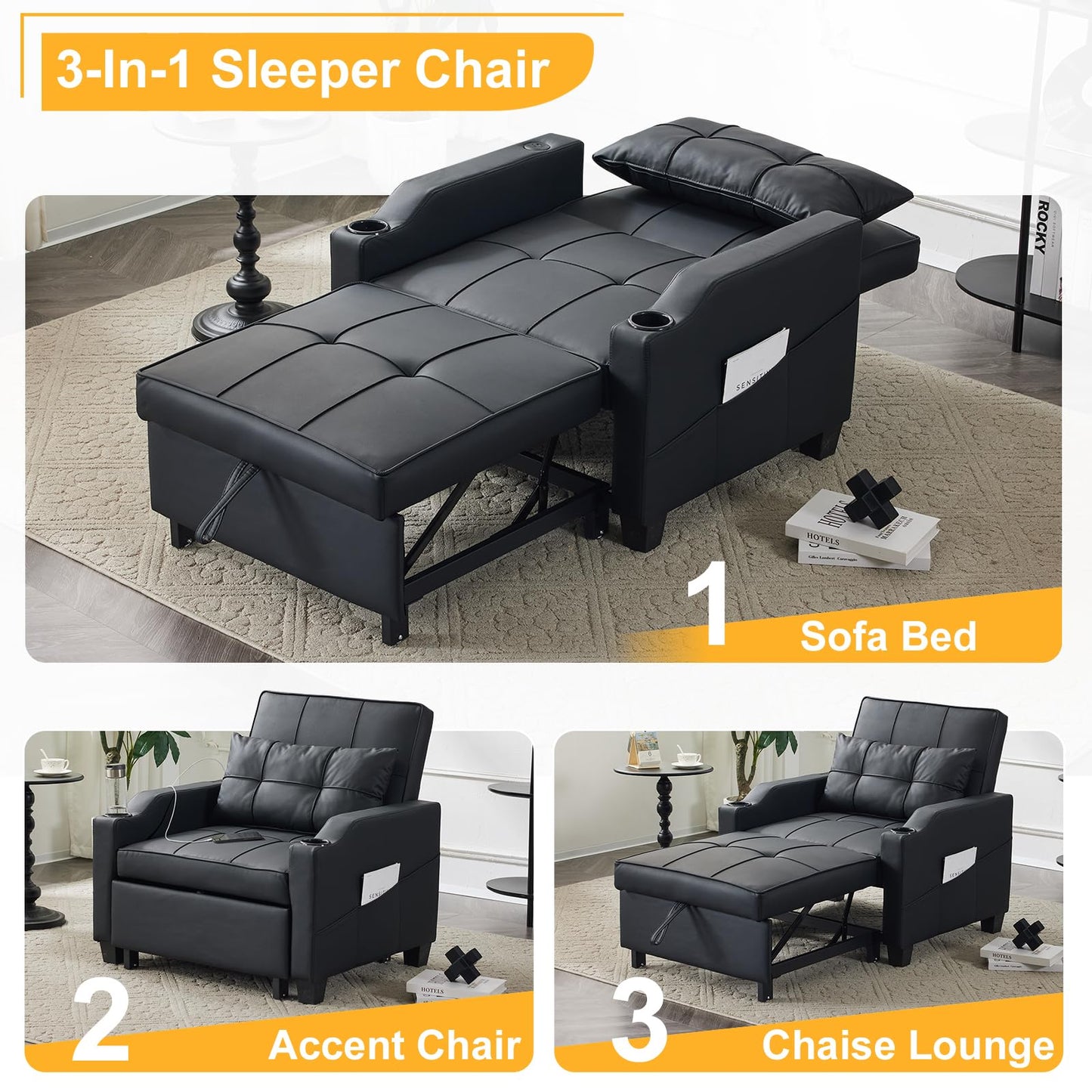 Karl home Sleeper Chair Convertible Sofa Bed with USB/Type C Ports 3-in-1 Pull Out Sofa Bed Adjustable Reading Chair with Cup Holders, PU Leather Black