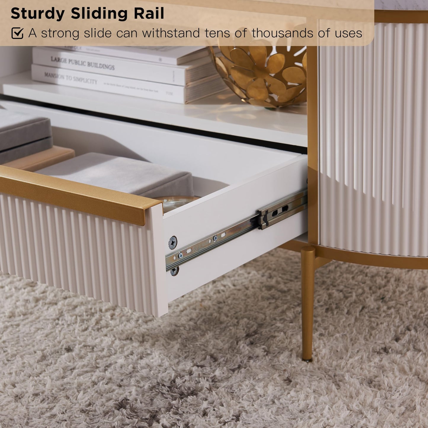 OKD Modern Luxury Fluted Coffee Table, 48" Oval Coffee Table with Drawer, Faux Marble Top, Curved Profile Design, Gold Metal Decor, Center Table for Living Room, Off White