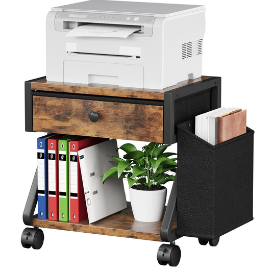 Homeiju Under Desk Printer Stand, 2-Tier Industrial Mobile Printer Table with Storage Bag and Drawer, Rolling Printer Cart Holder with Lockable Wheels for Home, Office