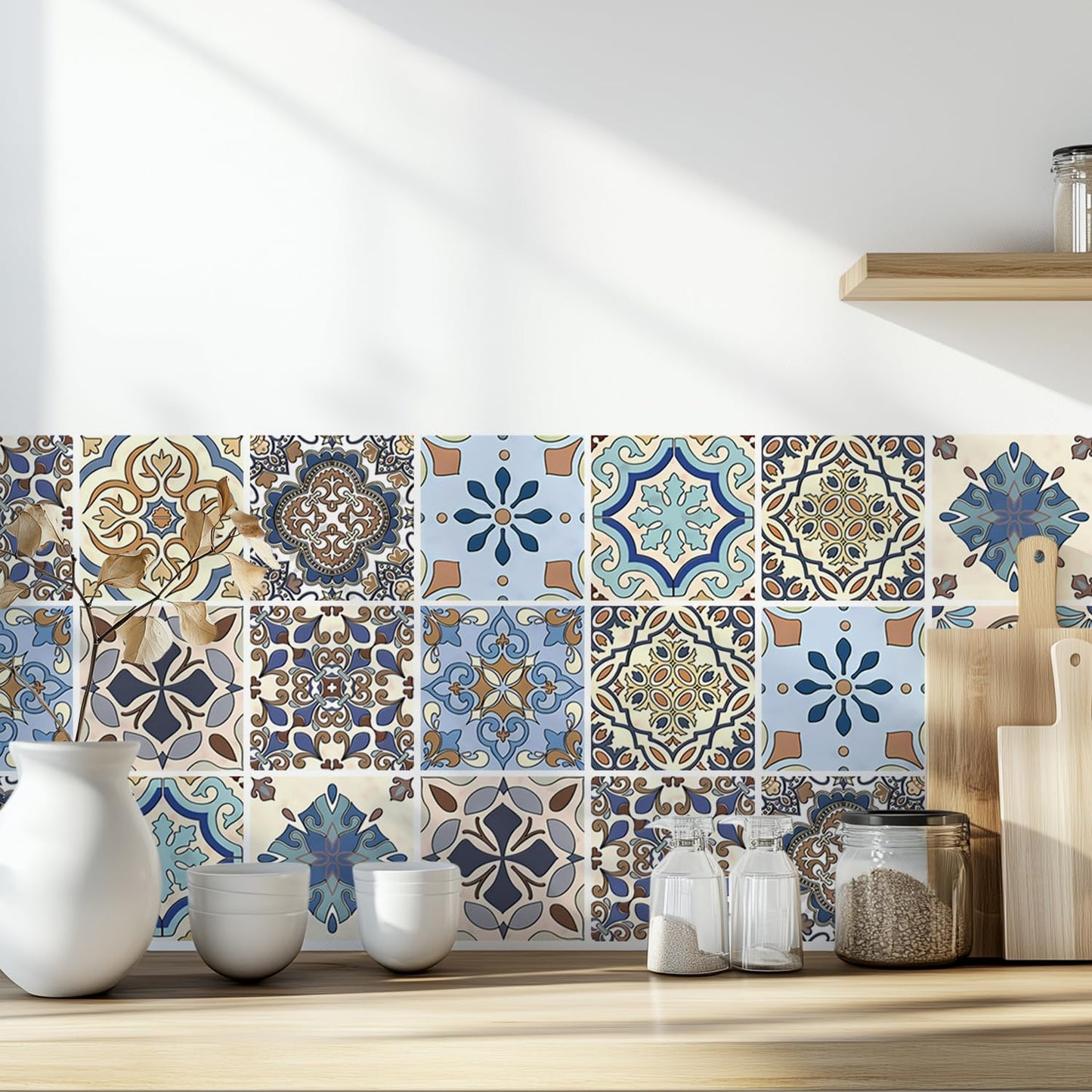Moroccan Tile Stickers 30-Pack, 4x4inch – Peel and Stick Vinyl Decals, Waterproof Removable Backsplash Tiles for Kitchen, Bathroom & Furniture Decor