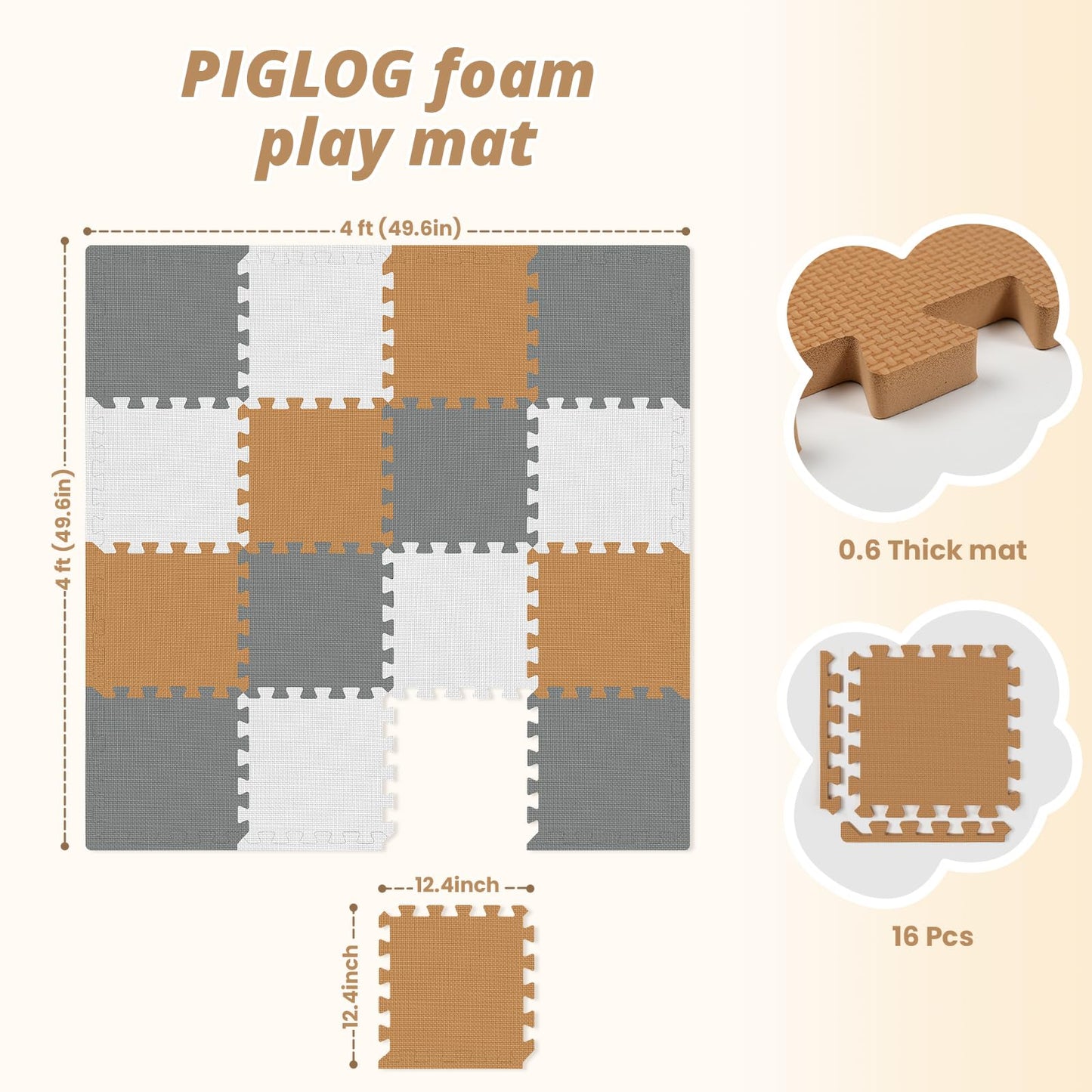 16 Tiles Baby Play Mat for Floor, EVA Foam Baby Floor Play Mat with 0.6 Inch Thick Interlocking Foam Tiles, Foam Floor Tiles for Baby, Toddlers and Kids
