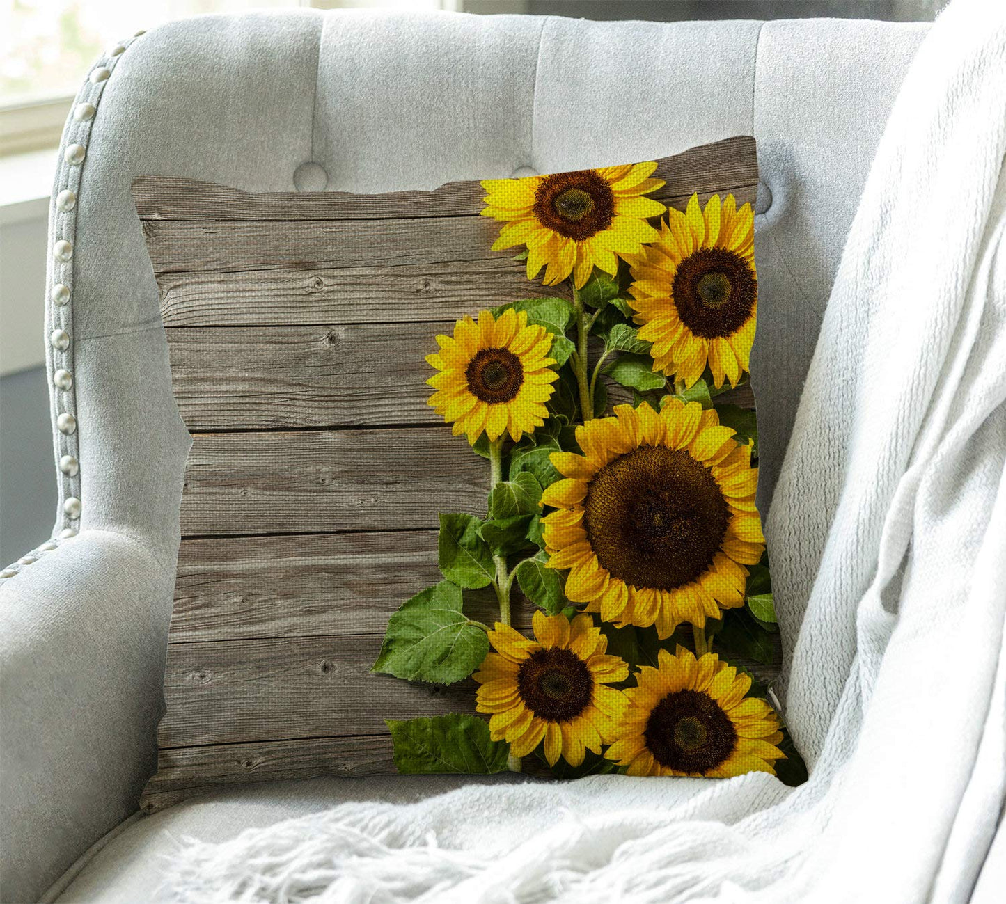 Swono Sunflower on The Wooden Burlap Throw Pillow Case Cushion Cover Couch Sofa Decorative Square 18x18 inches