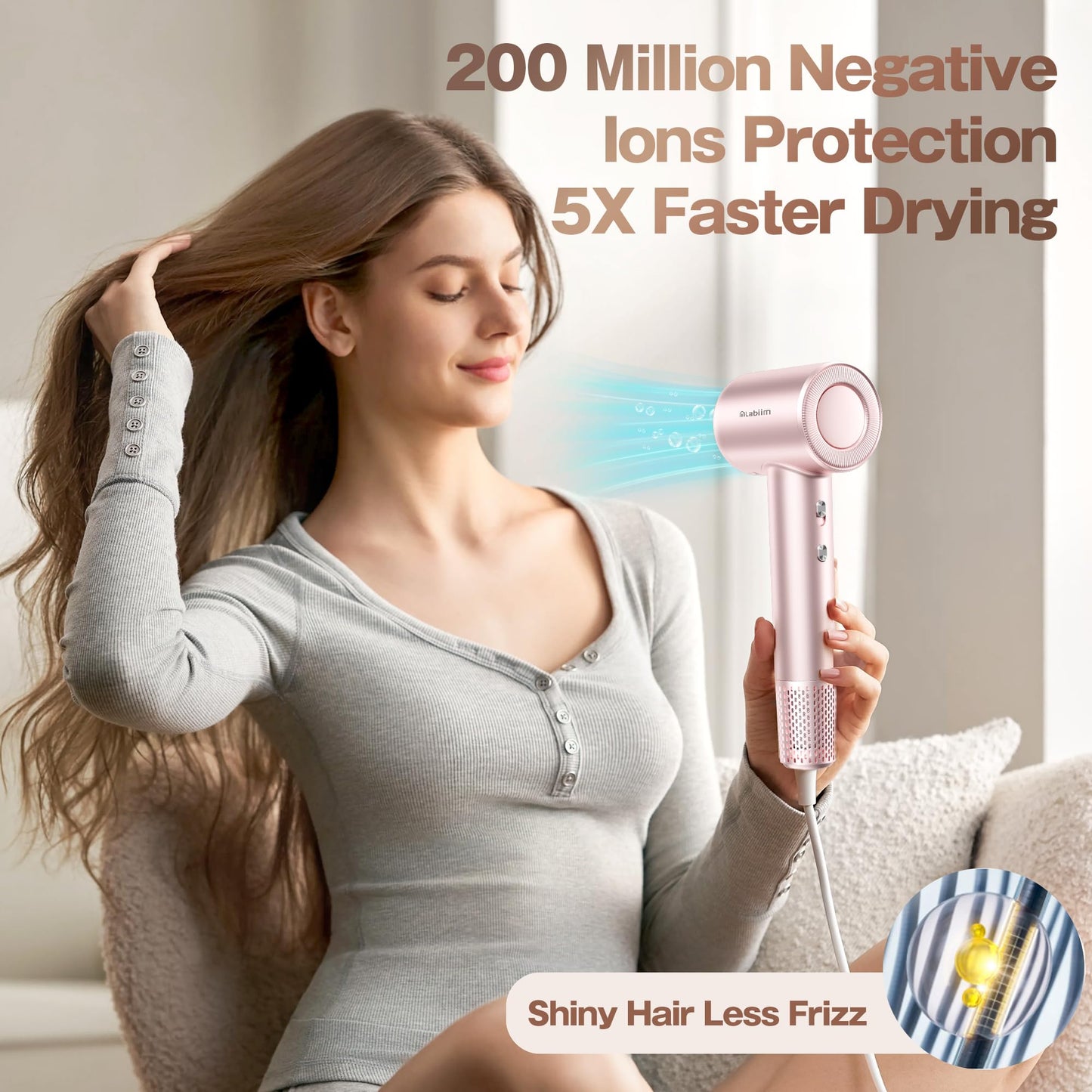 Labiim Hair Dryer, High-Speed Ionic Low Noise Blow Dryer with Brushless Motor for Fast Drying, Thermo-Control Quiet Compact Hair Blow Dryer, Hairdryer with 1 Nozzle Attachments for Home Salon Travel