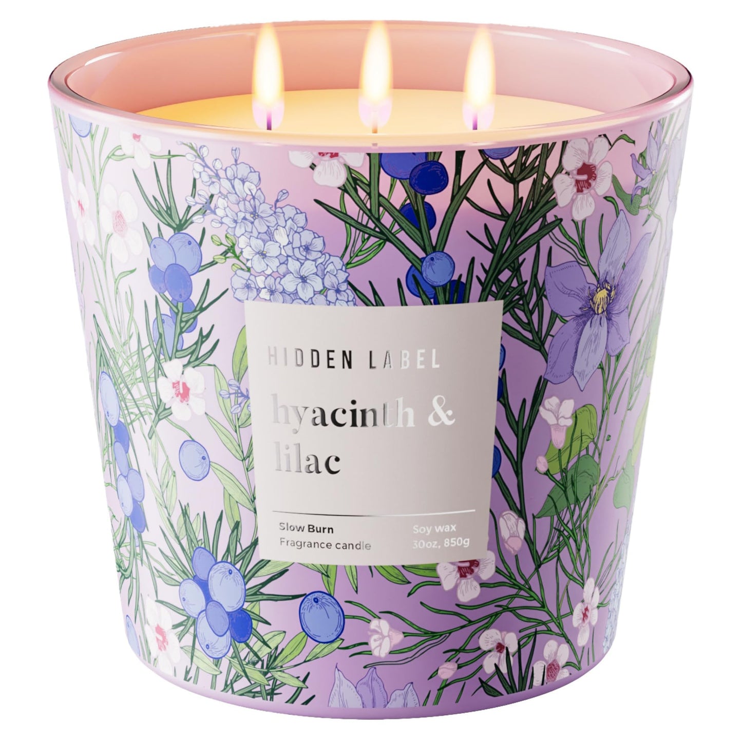 Hidden Label Hyacinth & Lilac Soy Candle, 3 Wick Large Candles for Home Scented, 30oz Natural Soy Candles Non Toxic, 100 Hour Burn Time, Aromatherapy Candle for Stress Relief, SPA, Larger Rooms