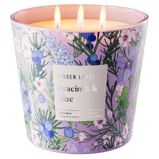 Hidden Label Hyacinth & Lilac Soy Candle, 3 Wick Large Candles for Home Scented, 30oz Natural Soy Candles Non Toxic, 100 Hour Burn Time, Aromatherapy Candle for Stress Relief, SPA, Larger Rooms