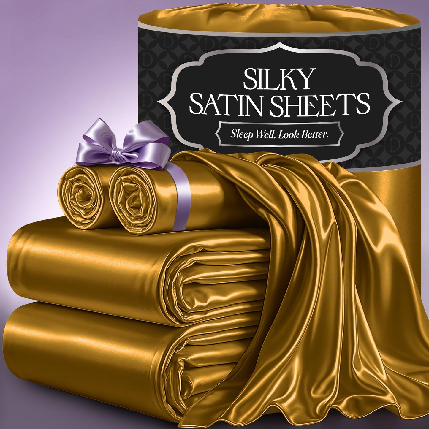 DECOLURE Satin Bed Sheets - 4 Piece Luxury Silky Queen Size Bedding Set - Softer Than Silk, Wrinkle-Free with 15” Deep Pocket Fitted Sheet, Perfect for Hair & Skin, Gifts for Women (Gold)