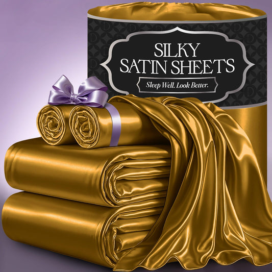 DECOLURE Satin Bed Sheets - 4 Piece Luxury Silky Queen Size Bedding Set - Softer Than Silk, Wrinkle-Free with 15” Deep Pocket Fitted Sheet, Perfect for Hair & Skin, Gifts for Women (Gold)