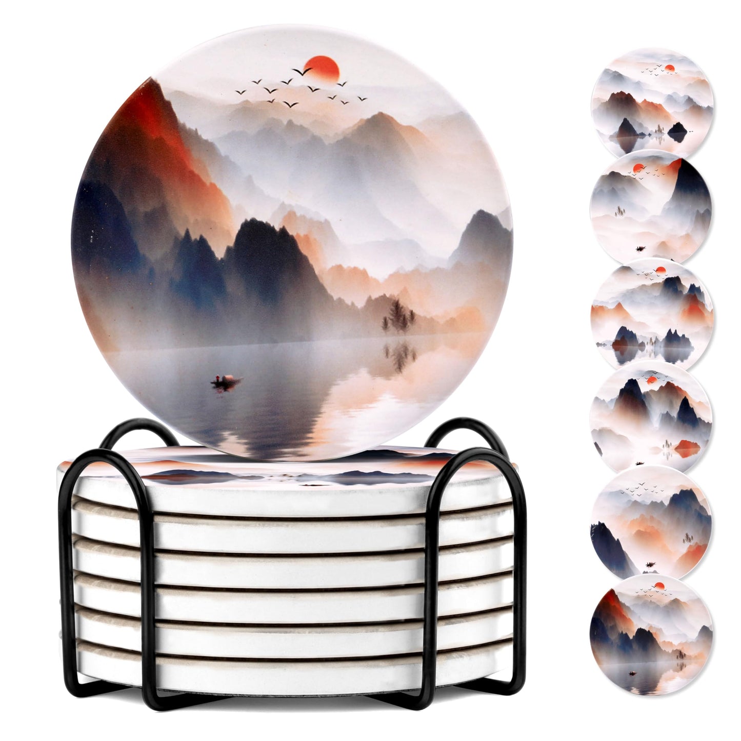 Drink Coasters with Holder, Ceramic Drink Coaster Sets of 6, Marble Blue Ocean Style Absorbent Ceramic Coasters with Cork Base for Home Decor, Kitchen, Gift, Bar, Coffee Table(4 Inches)