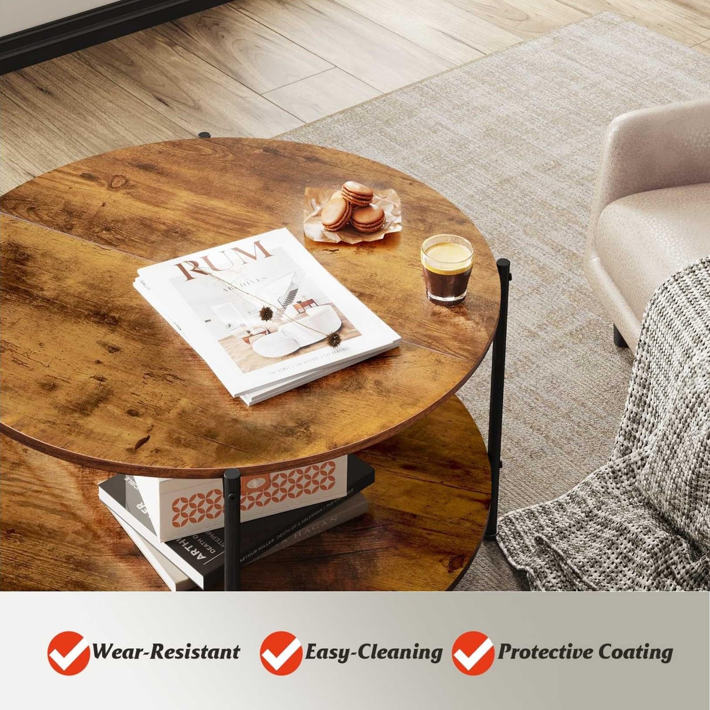 WLIVE Round Coffee Table, 32.6" Small Coffee Table with Storage Shelf, 2-Tier Circle Wood Center Table for Living Room, Apartment, Rustic Brown