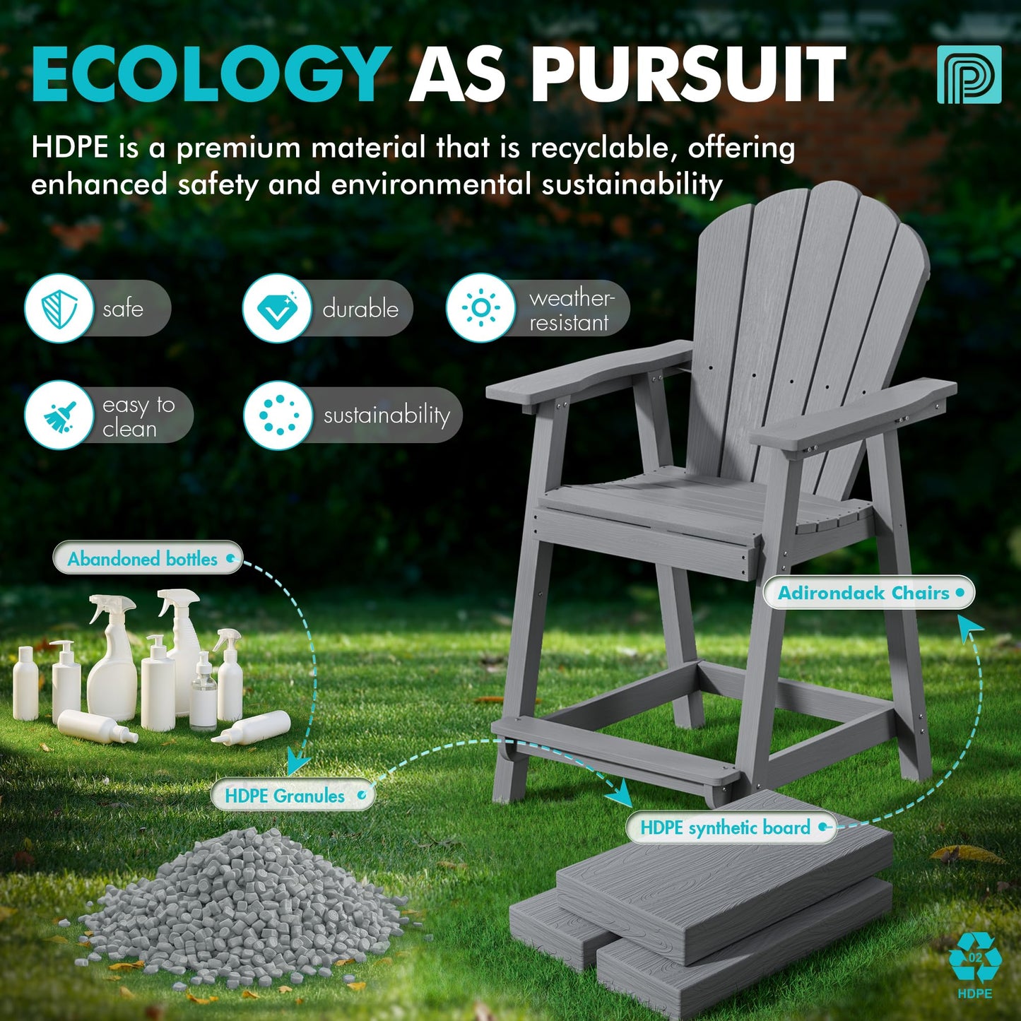 PatioPerk Tall Adirondack Chair Set of 2 with Double Connecting Tray, Recycled HDPE with Wood Grain, Weather Resistant, Outdoor Adirondack Chairs for Deck, Balcony, Patio, Backyard, Light Grey