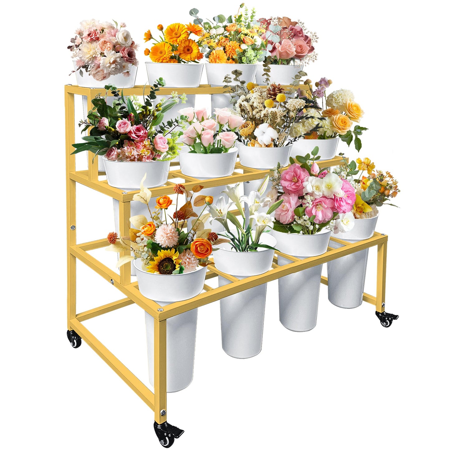 PROLEE Flower Stand with 12 Buckets, Flower Display Stand with Wheels, Flower Cart, Moving Florist Bouquet Shelf, Rectangular, Gold