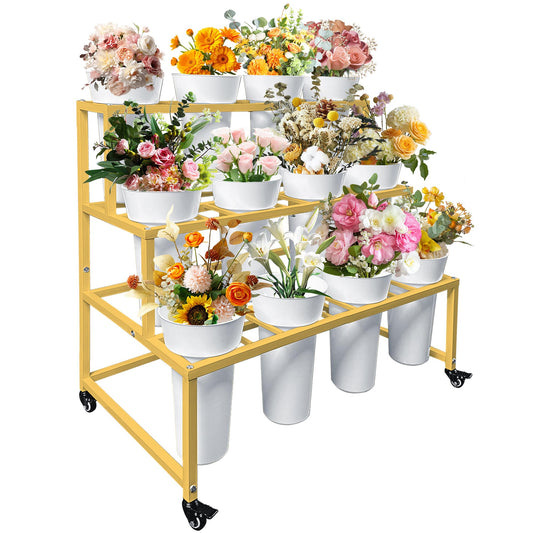 PROLEE Flower Stand with 12 Buckets, Flower Display Stand with Wheels, Flower Cart, Moving Florist Bouquet Shelf, Rectangular, Gold