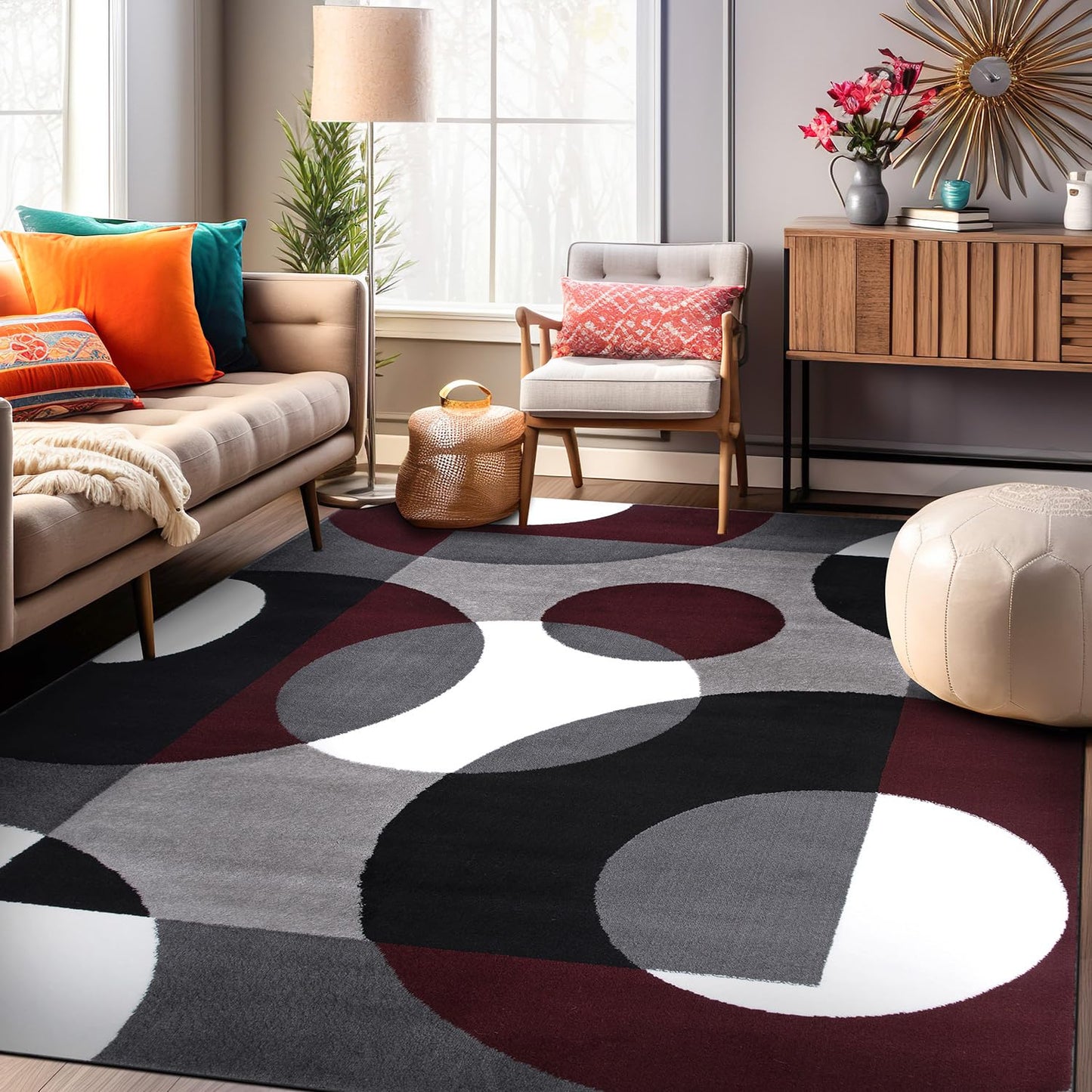 Rugshop Modern Circles Carpet Easy Maintenance for Home Office,Living Room,Bedroom,Kitchen Soft Area Rug 5'3" x 7'3" Burgundy