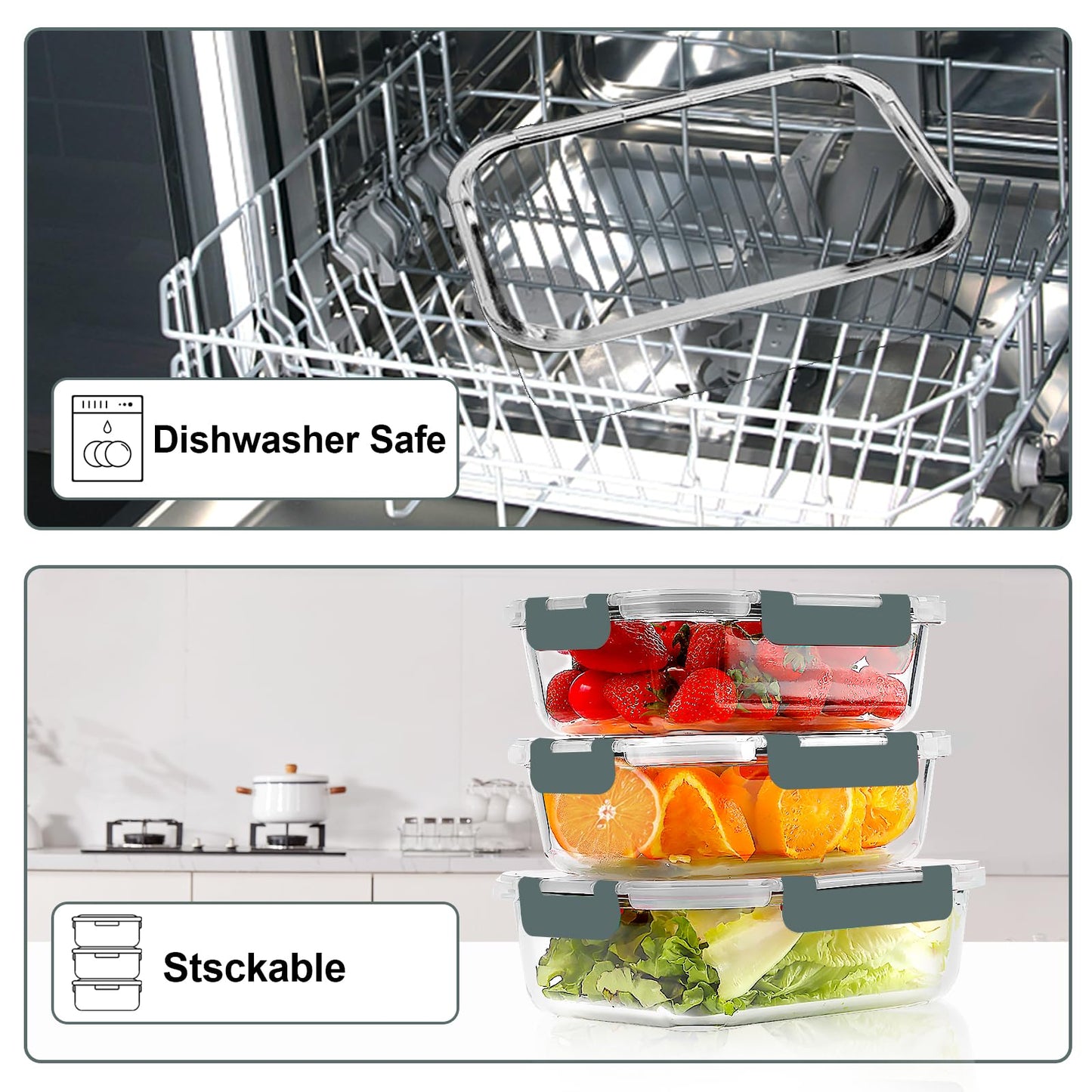 VERONES 10 Pack Glass Meal Prep Containers, Airtight Glass Lunch Containers, Stackable Glass Food Storage Containers Set with Lids,Exclusive of BPA,for Microwave, Oven, Freezer & Dishwasher,Grey