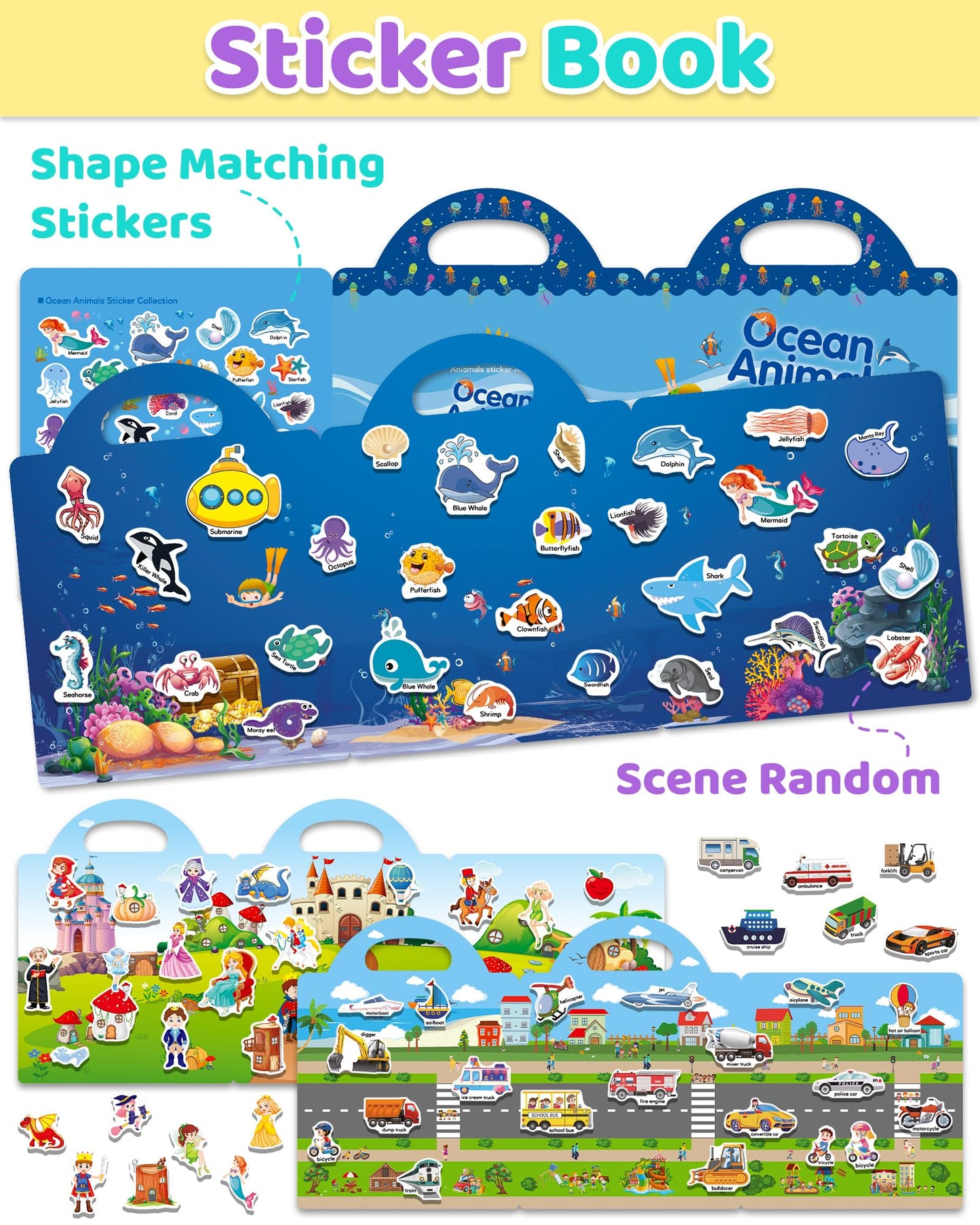 Benresive Reusable Sticker Books for Kids 2-4, Sticker Books for Toddlers 1-3 2-4, Toddler Travel Toys Activities Crafts Gifts - Ocean Animals, Fairy and Vehicle